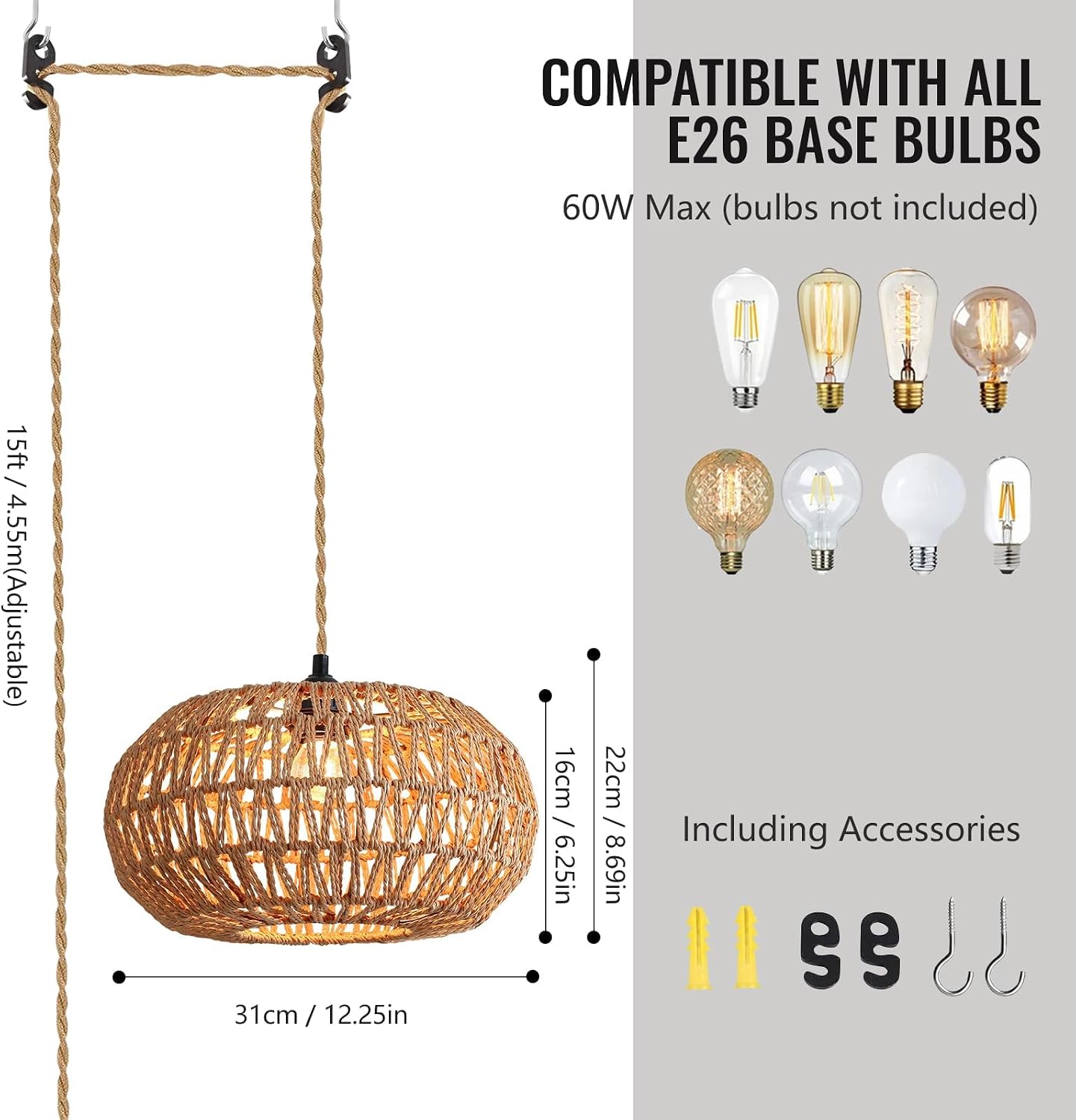 Thumbnail 5 de Maichixin 1 12-Inch Hemp Rope Plug-In Pendant Light, Dimmable, E26
