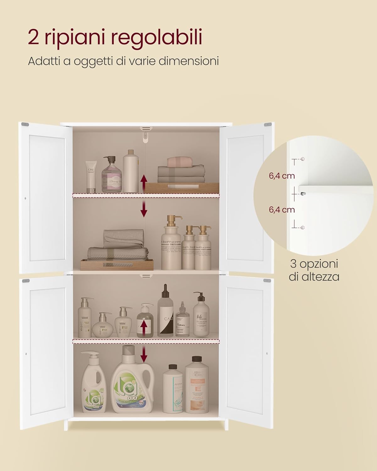 Thumbnail 4 de VASAGLE BBC553WH01 — Mobiletto da bagno con 2 vani, ante regolabili e antiribaltamento, bianco Nuvola