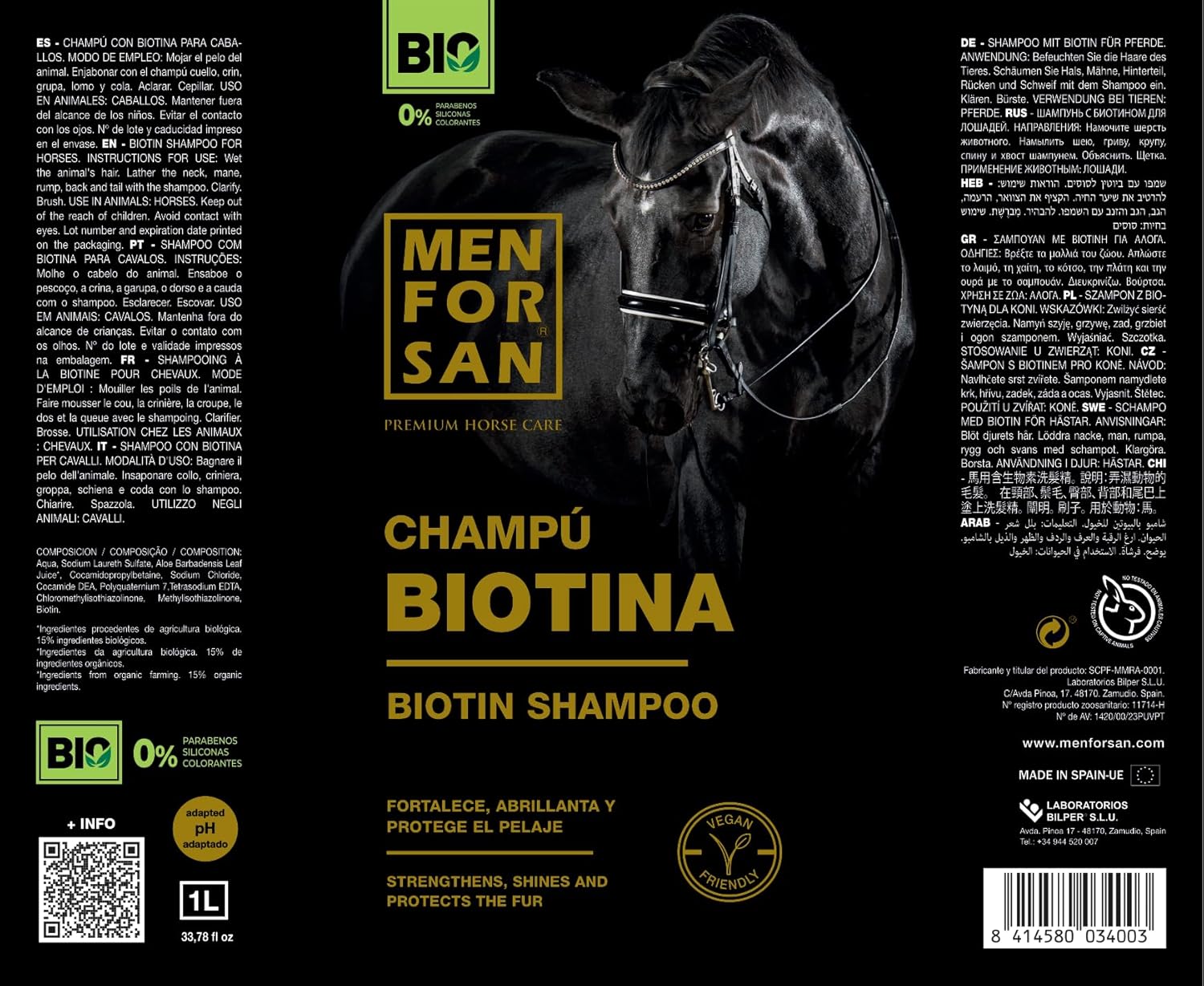 Detalle de MENFORSAN Shampoo biotina per cavalli, 1L – Biologico, vegan friendly e 100% naturale