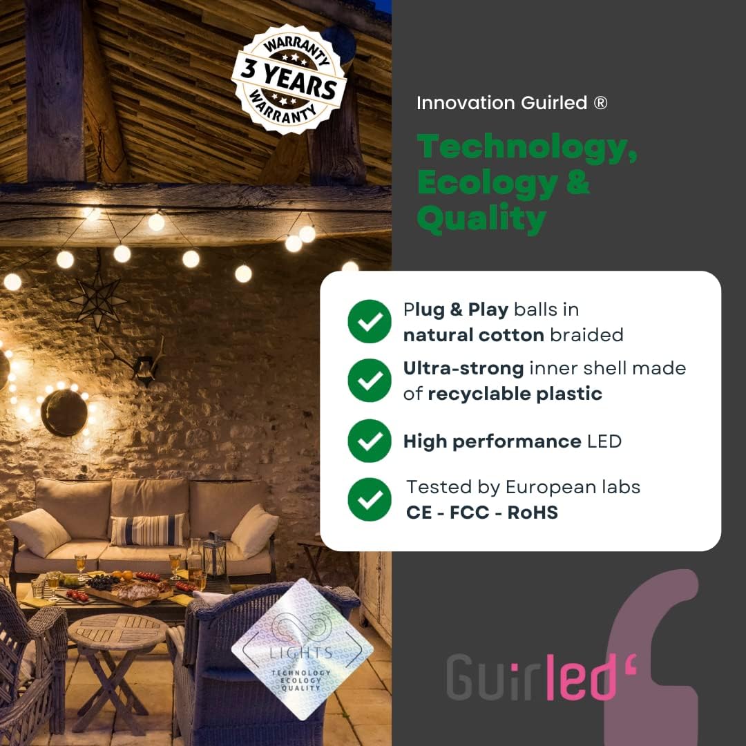 Detalle 2 de GuirLED Außengirlande mit Lichtkugeln LED-Guinguette – IP55, Solarpanel, 9 m insgesamt