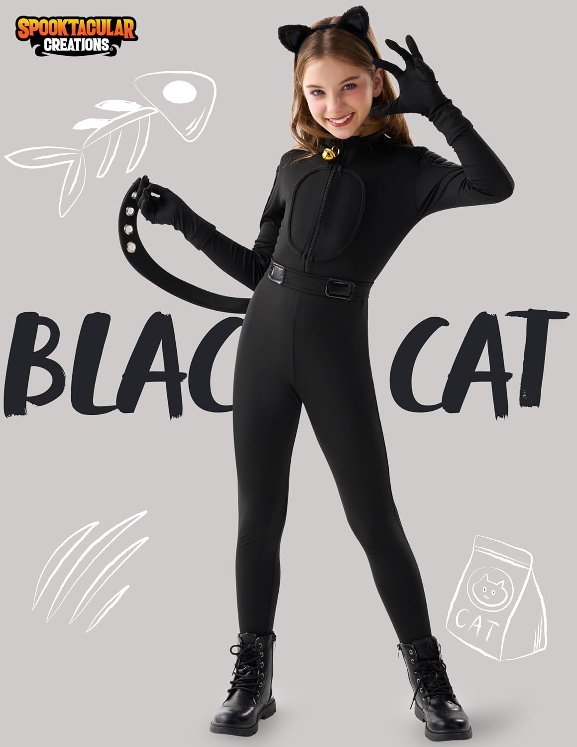 Detalle de Spooktacular Creations Black Cat Costume for Girls with Tail and Front-Zip Bodysuit
