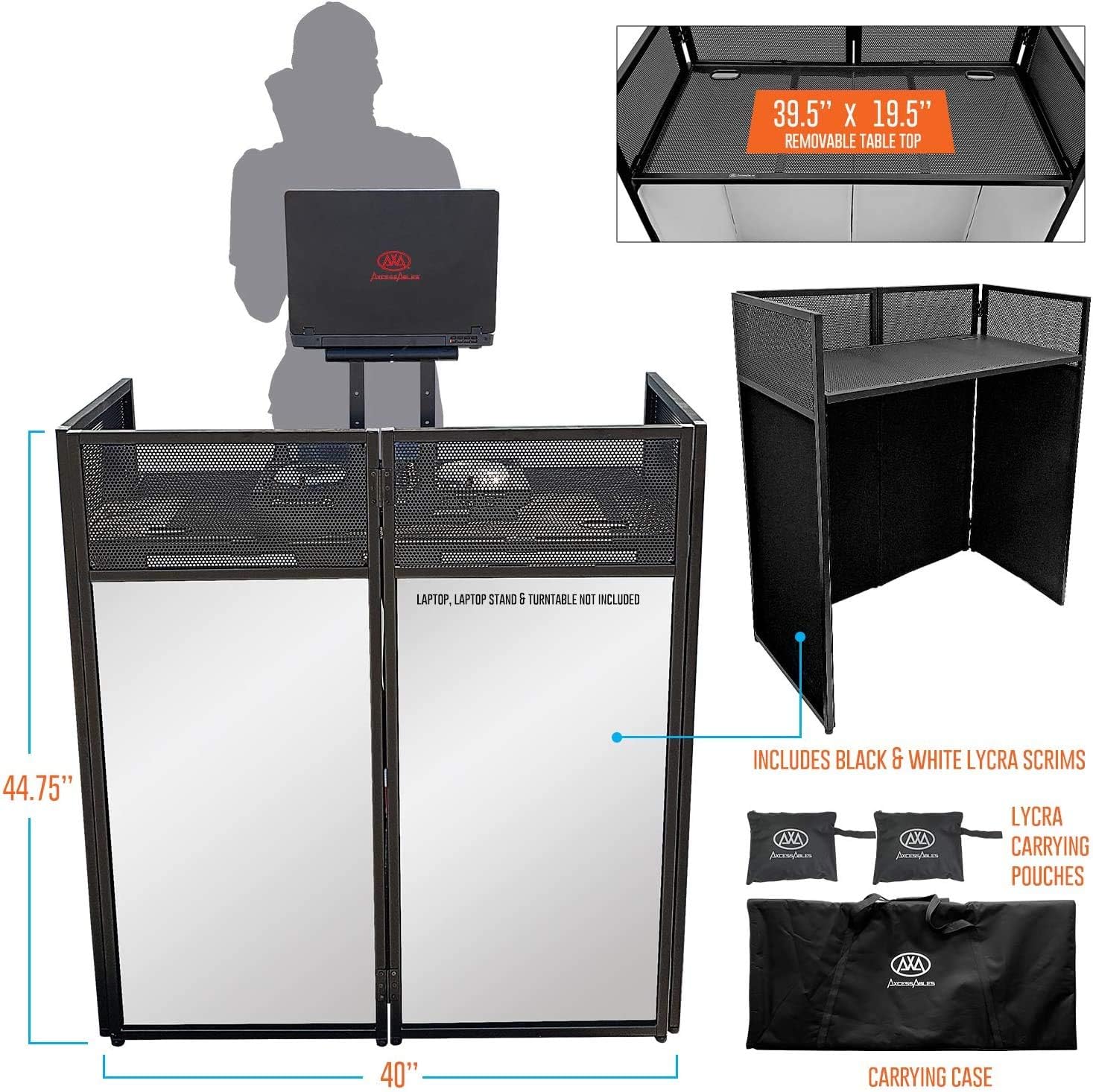 Detalle de AxcessAbles ES-01 Portable DJ Facade Booth, 40" x 20", Black & White Scrims