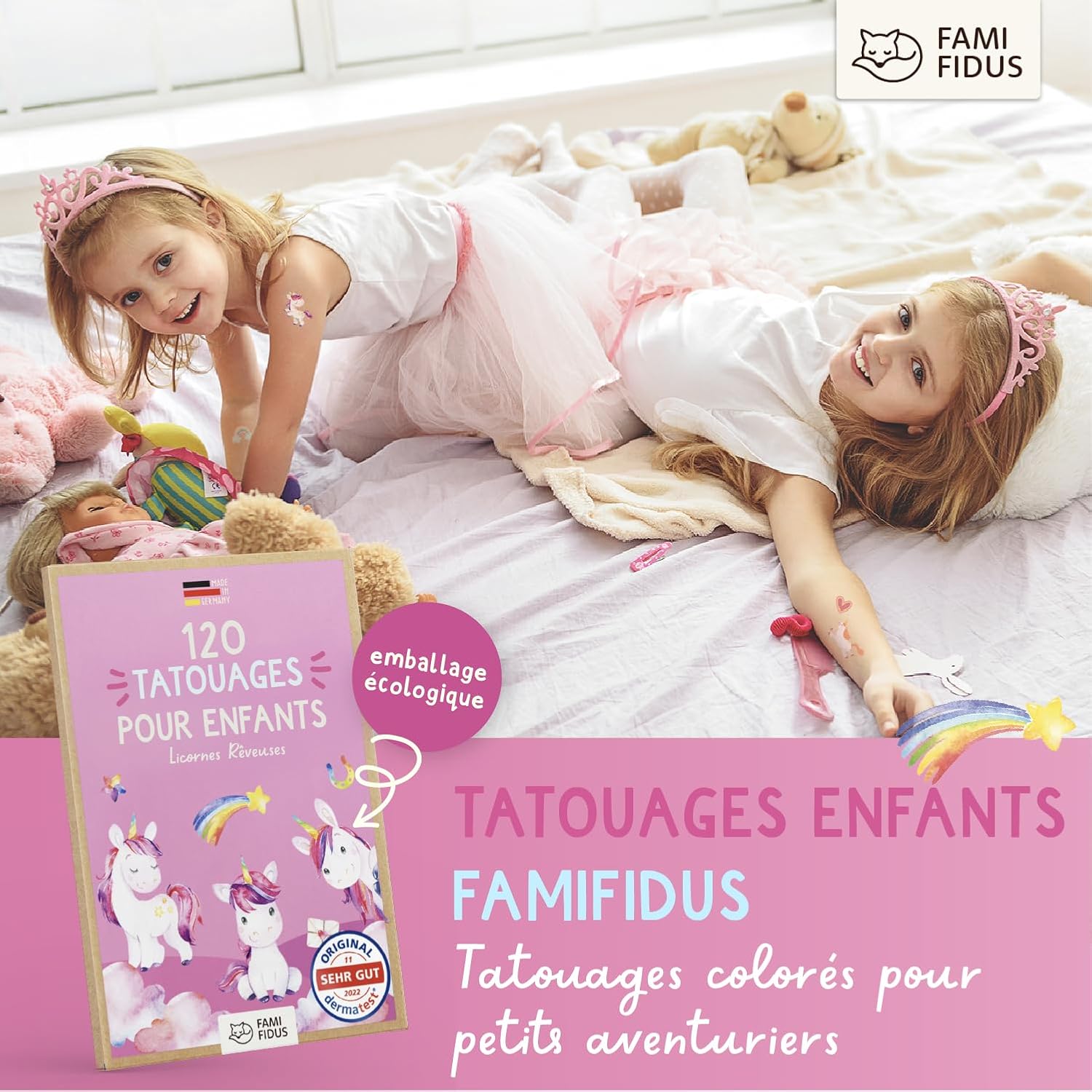 Thumbnail 6 de Famifidus 120 tatouages temporaires pour enfant (peau respectée) – motifs éphémères, application à l’eau