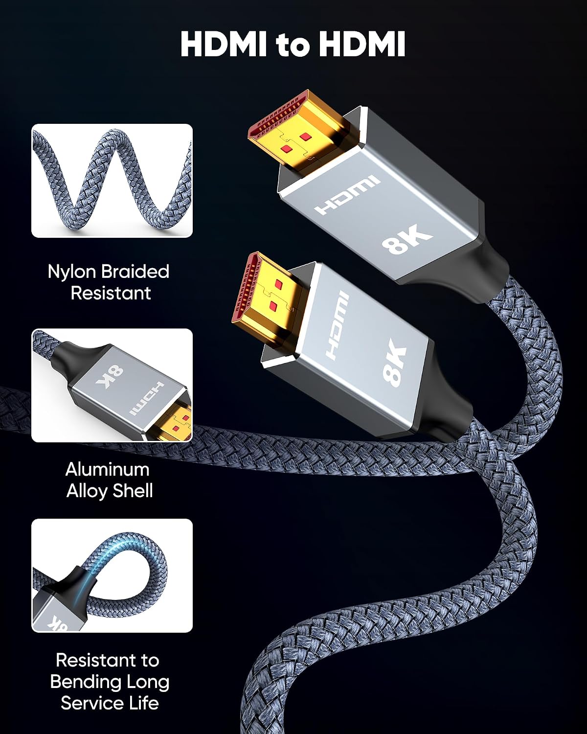 Thumbnail 6 de Capshi 15ft HDMI 2.1 Cable (8K, 4K@120Hz, 2K@240Hz) 48Gbps for PS5/PS4, TV, Monitor, eARC & HDR
