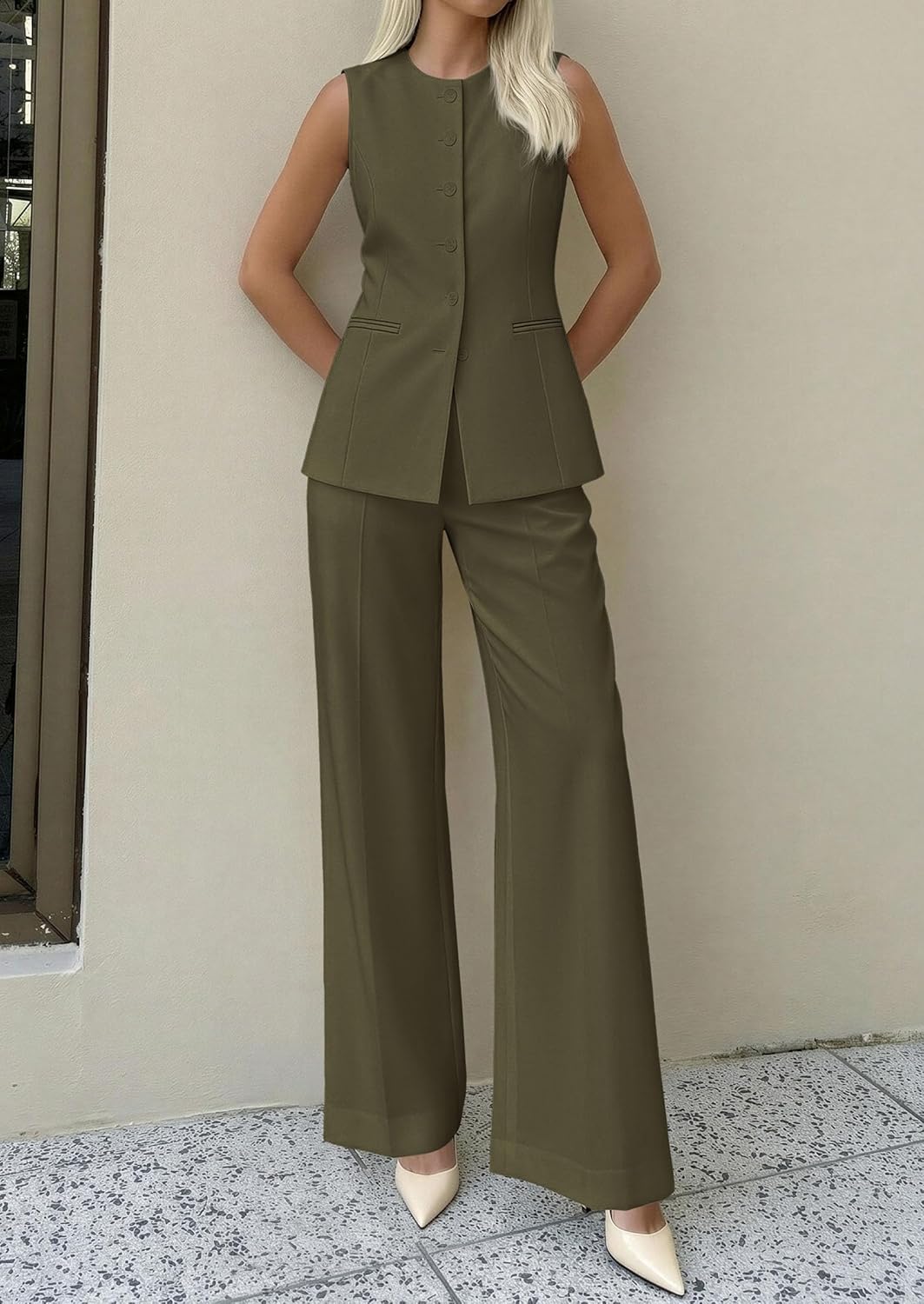 Detalle de PRETTYGARDEN Women's 2 Piece Sleeveless Blazer Vest & Pants Set