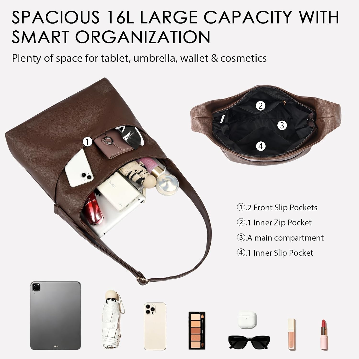 Detalle de unisoul Tote Bag for Women: Multi Pockets Hobo Shoulder Bag in Premium Vegan Leather