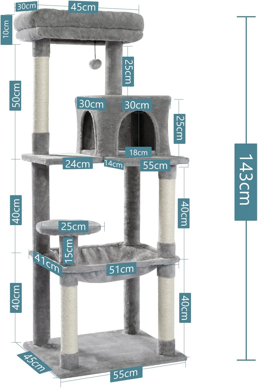 Detalle 2 de PAWZ Road Kratzbaum für große Katzen (143 cm) – stabiler Katzenturm mit Hängematte, Katzenhaus und 6 Ebenen, grau