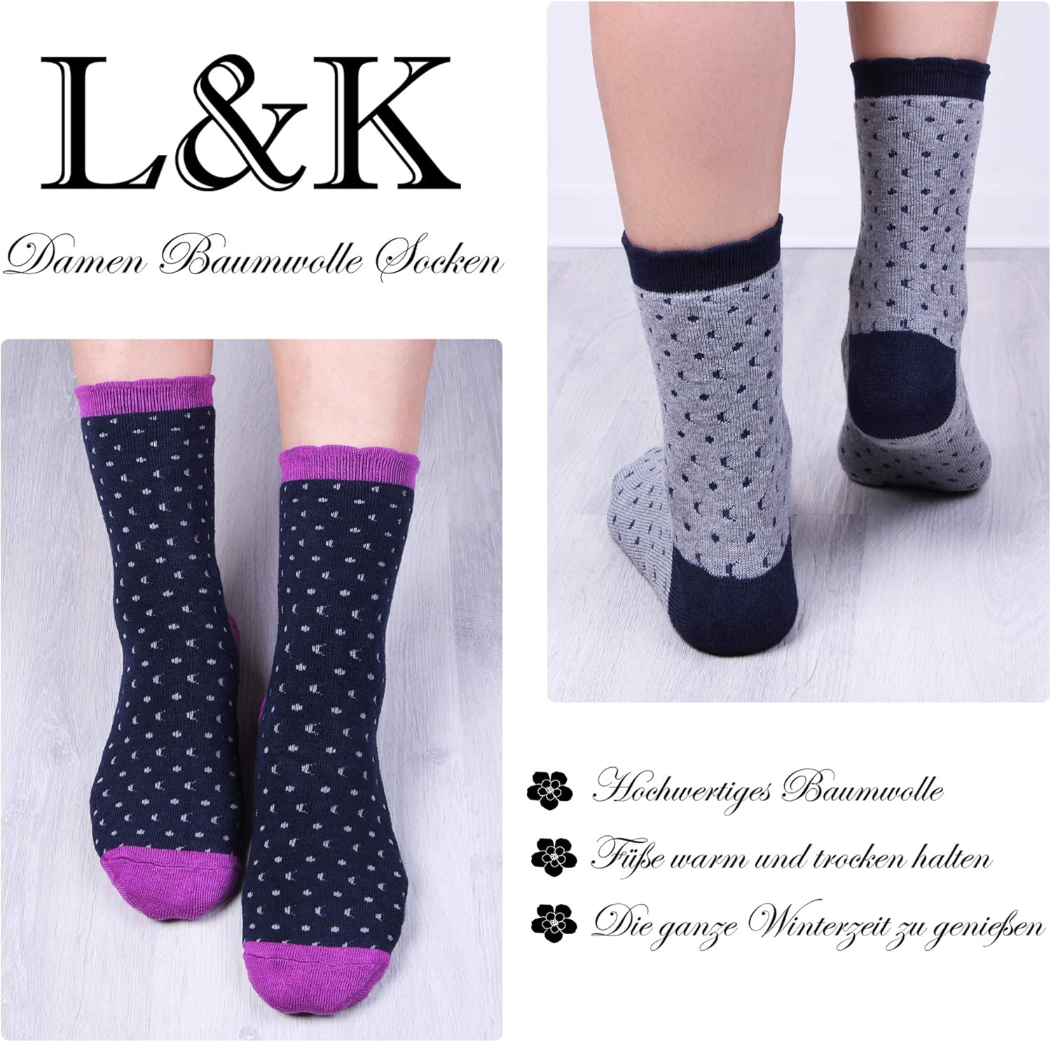 Thumbnail 4 de L&K Lot de 6 chaussettes sportives femme multicolores en coton hiver 92263VA