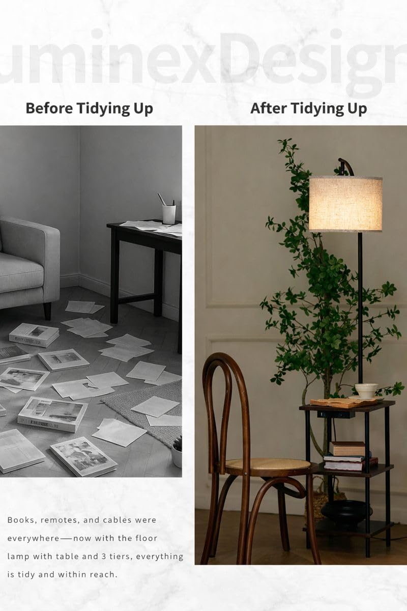 Thumbnail 3 de LuminexDesigns Lampadaire Vintage avec Étagères – Lampe sur Pied en Noyer Rétro, 3 Niveaux et Ports USB-C