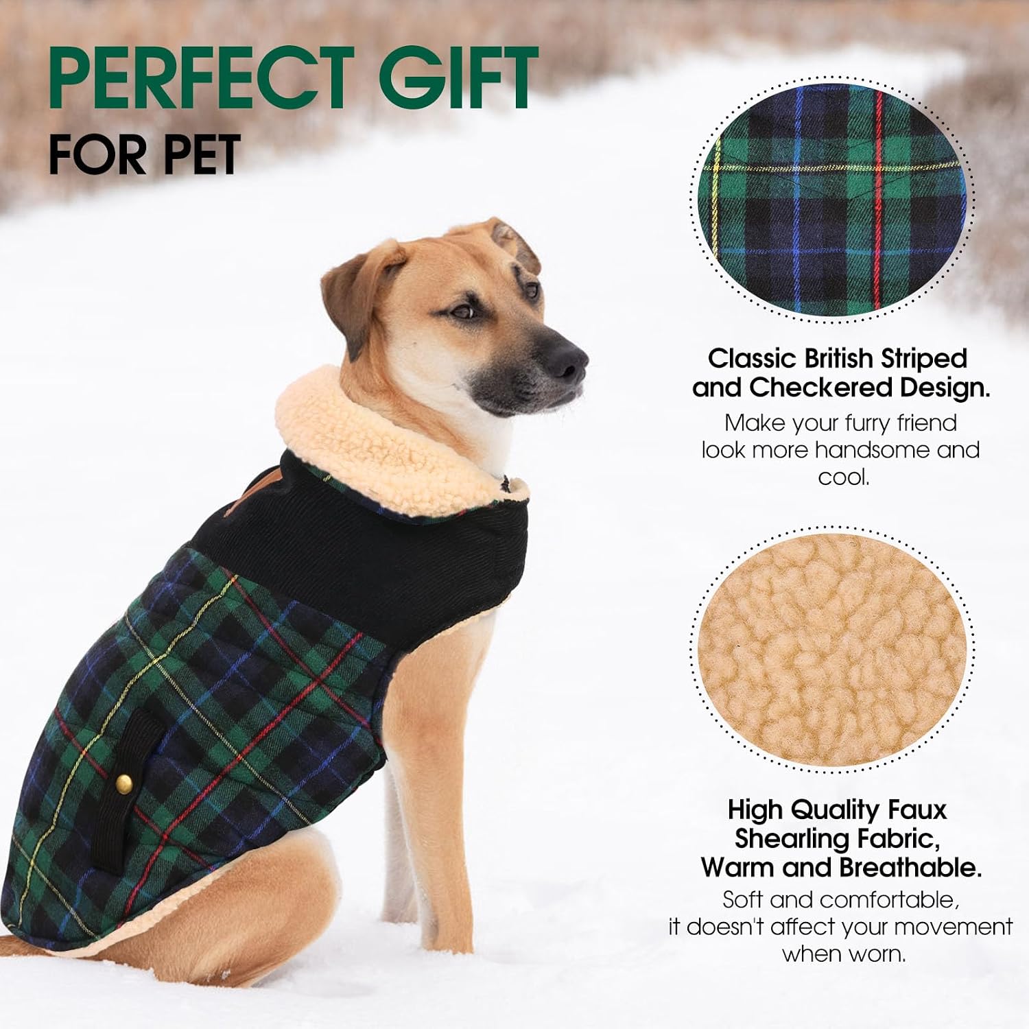 Detalle de CITÉTOILE Dog Coat – Warm Fleece-Lined Dog Jacket (Green, XS) for Small & Medium Dogs