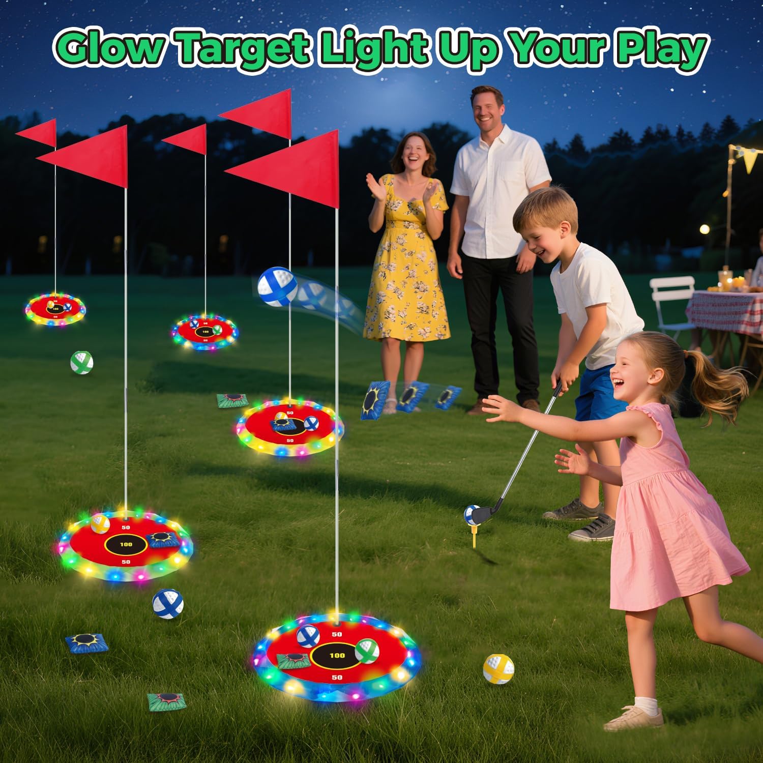 Thumbnail 2 de VATOS 2-in-1 Golf con luci per bambini – Gioco di chipping e lancio con bersagli LED, 2 mazze e 18 palline