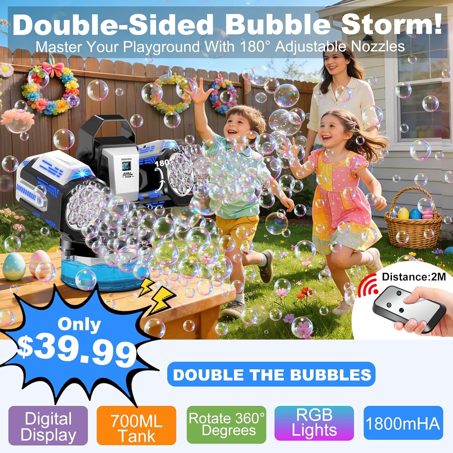 Thumbnail 2 de Rechargeable Bubble Machine with RGB Lights: 30,000 Bubbles per Minute, 360° Coverage, and Remote Control