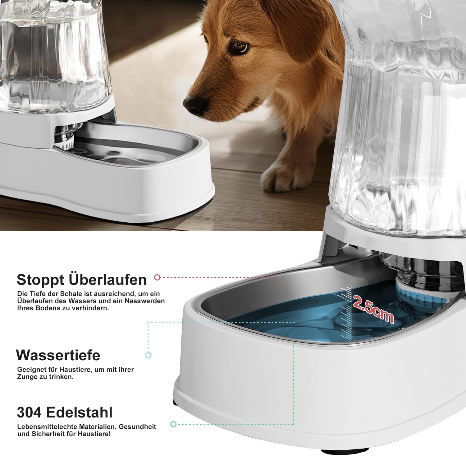 Thumbnail 3 de Gardner Pet Futterautomat Katze 3,85 L – Gravitation Wasserspender aus Edelstahl, BPA-frei, ohne Strom, weiß