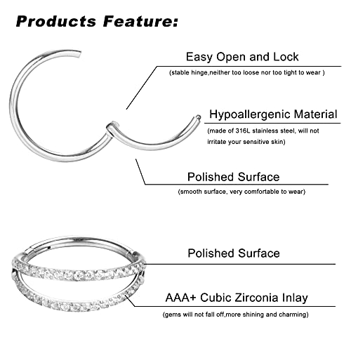 Detalle de Dochais 4er-Set Nasenpiercing Ringe aus Chirurgenstahl – 18G, Septum & Tragus