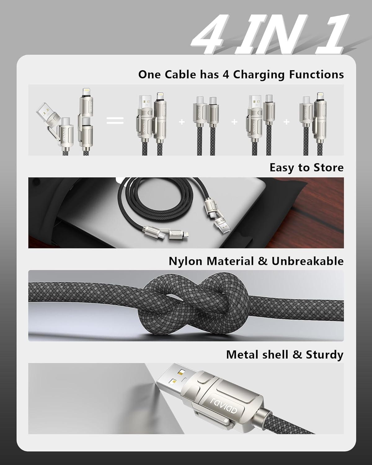 Thumbnail 3 de RAVIAD 4-in-1 Multi Charger Cable (60W PD) – 3A Fast Charging USB C/Lightning (3m)