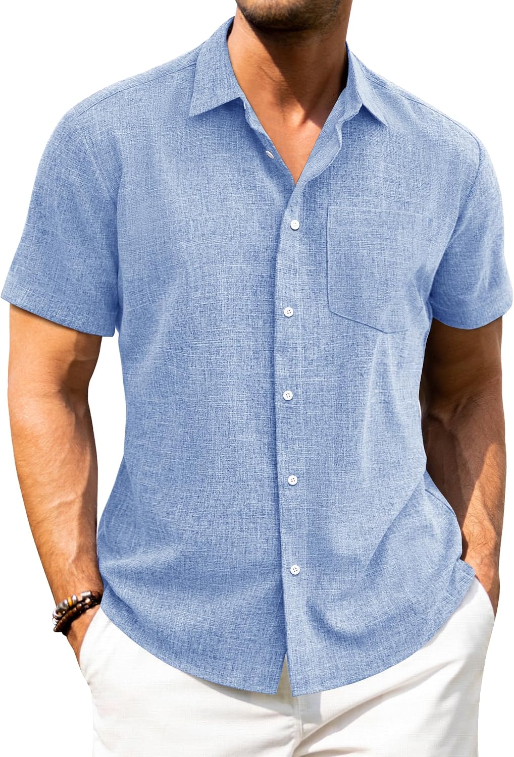 Detalle 2 de J.VER men’s linen short sleeve shirt (regular fit) for summer beach holidays