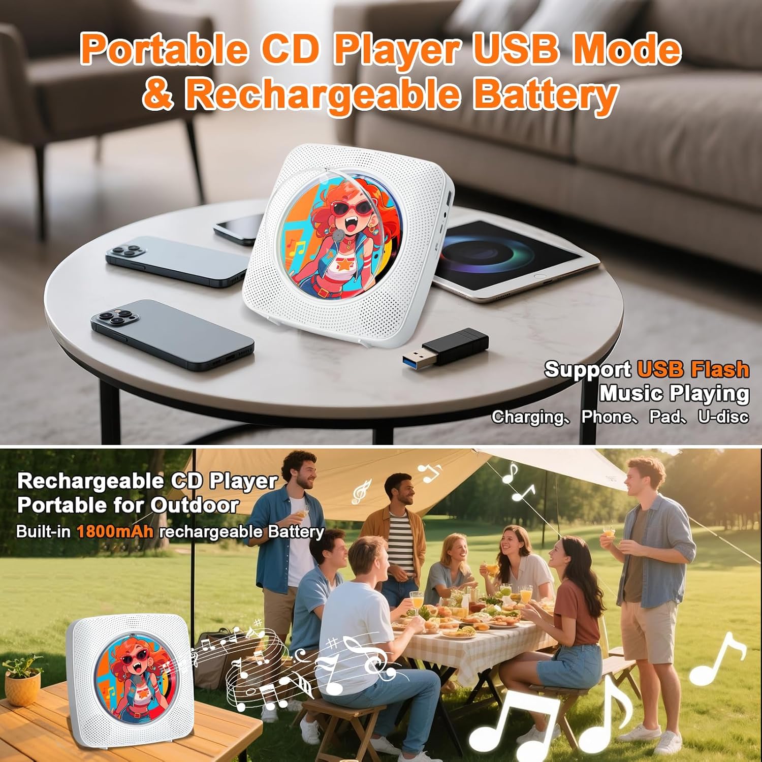 Detalle de Gueray portable Bluetooth CD player with rechargeable battery, FM radio, USB & AUX