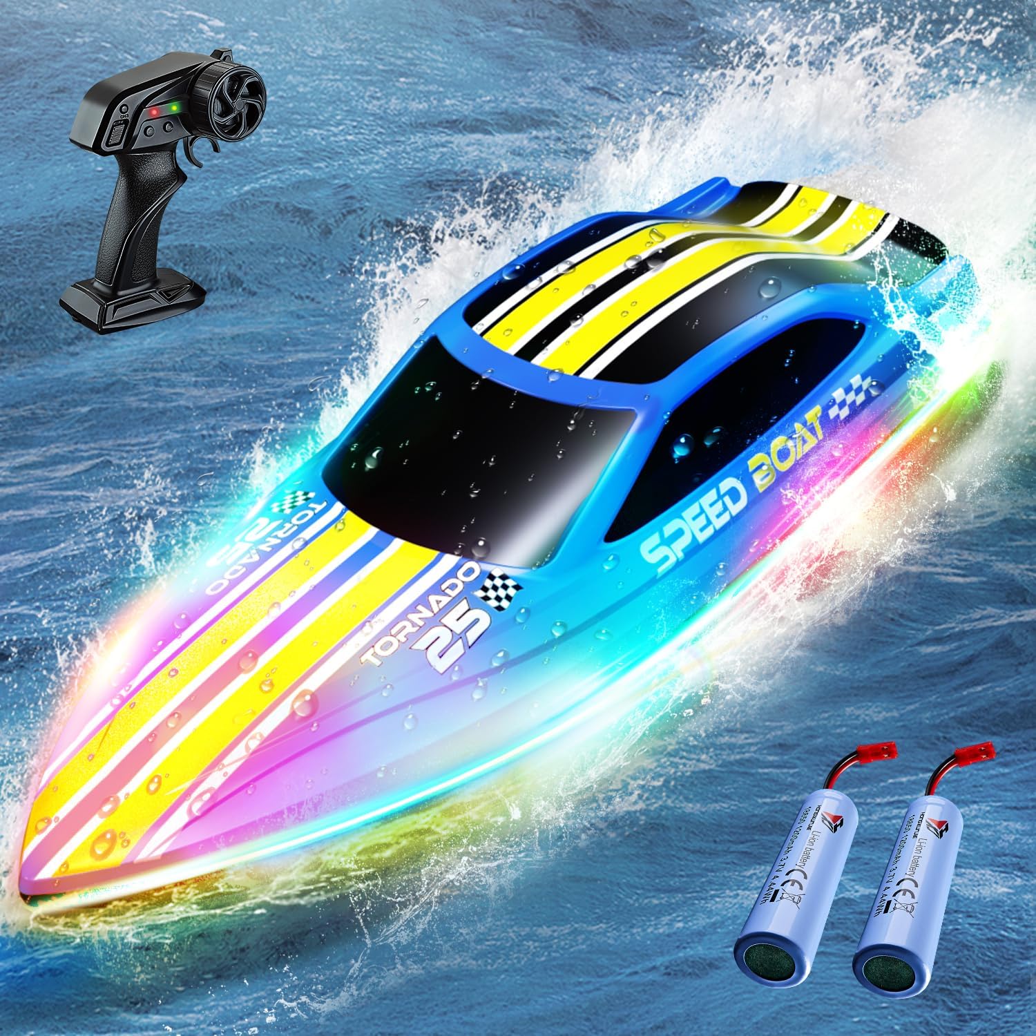 Ferngesteuertes Boot 2,4 GHz mit 7 LED-Lichtmodi, 15 km/h, 2 Batterien