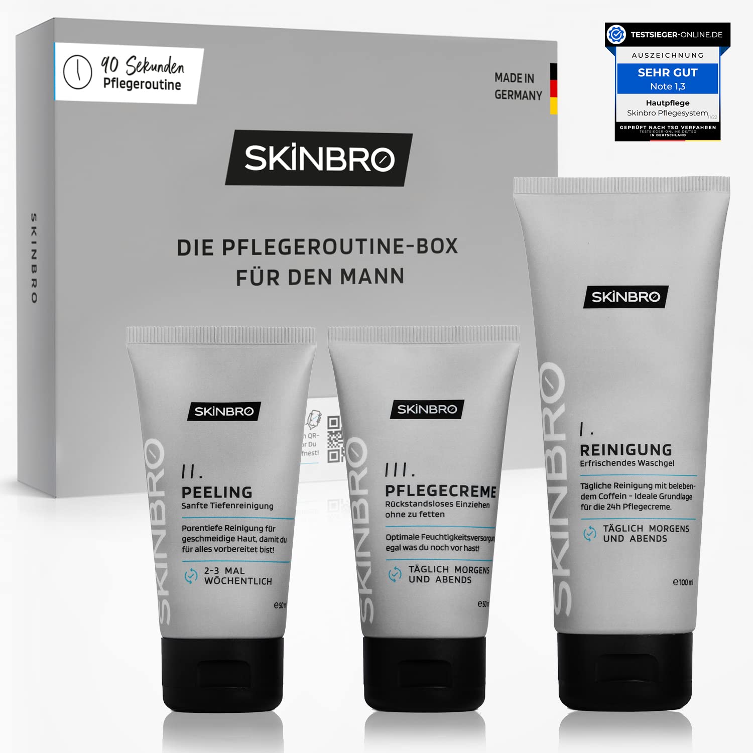 Detalle de SKINBRO Männer Gesichtspflege-Set (3 Schritte) – Reinigung, Peeling & Koffein-Gesichtscreme, vegan, Made in Germany