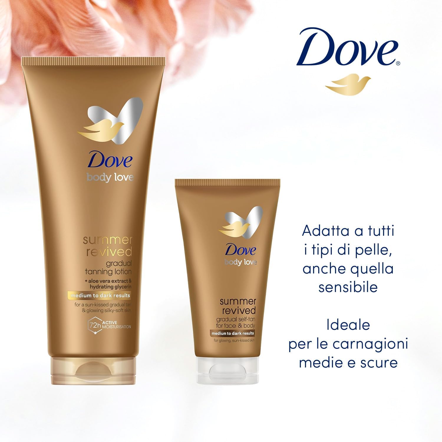 Detalle de Dove Kit di Lozioni Autoabbronzanti Summer Revived per viso e corpo (pelli medie e scure), abbronzatura graduale