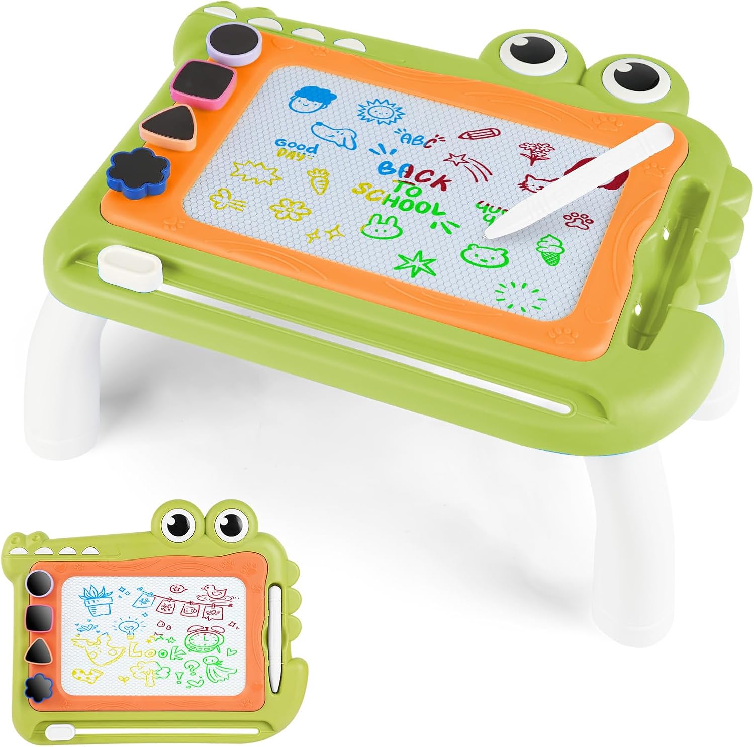 Detalle de OFFCUP magnetisch tekenbord voor kinderen, groene krokodil met stempels