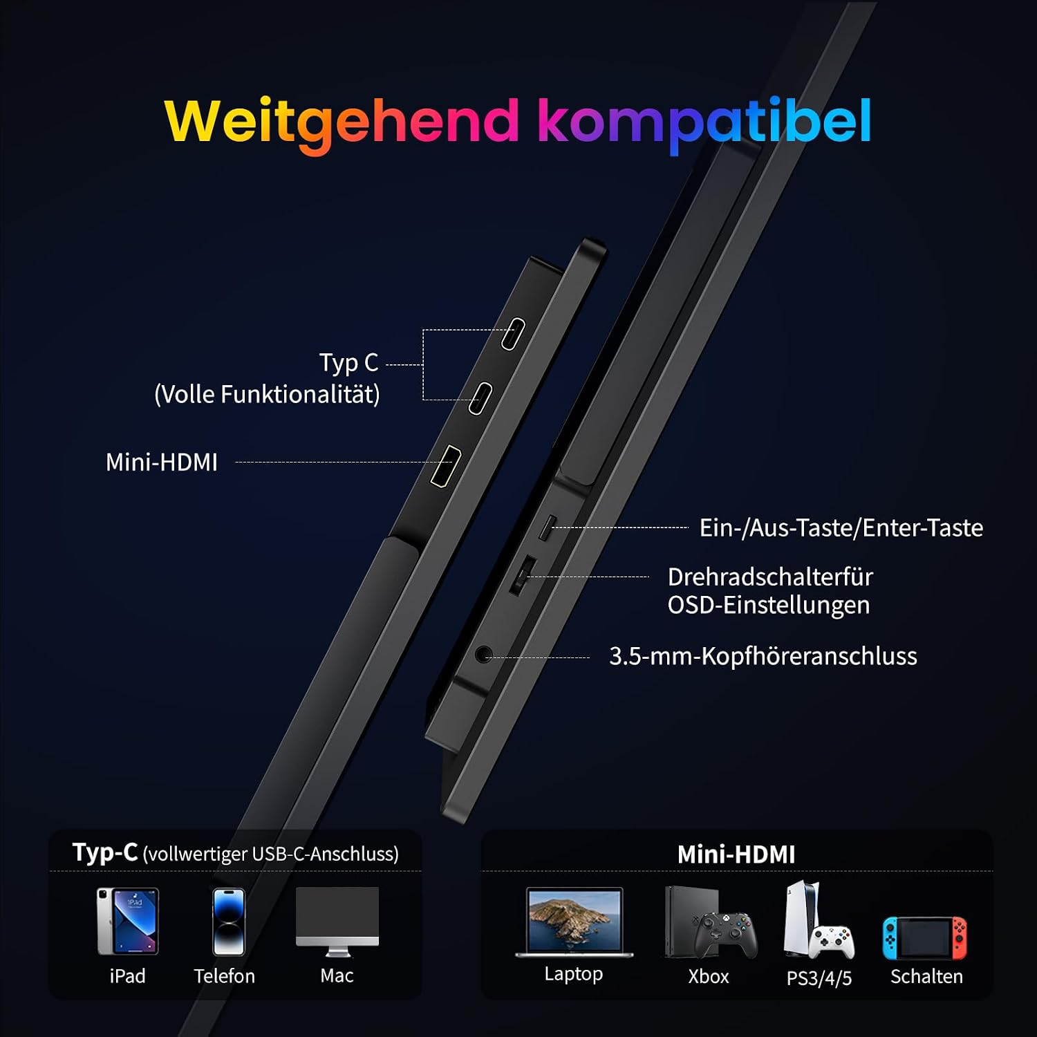 Thumbnail 6 de iProda 18,5 Zoll Portable Gaming Monitor – Full HD, 120 Hz, USB-C & Mini HDMI