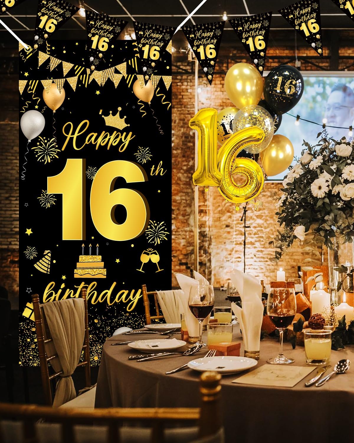 Thumbnail 3 de 16th Birthday Decorations Black & Gold Kit with Balloons, Banner and Triangle Flag Bunting