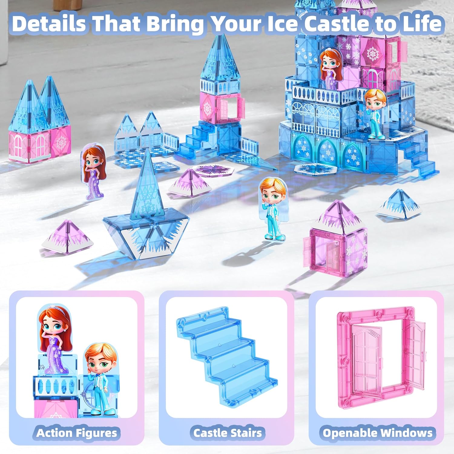 Detalle 2 de GobiDex Magnetic Building Blocks Princess Castle Set with 2 Dolls & Stairs