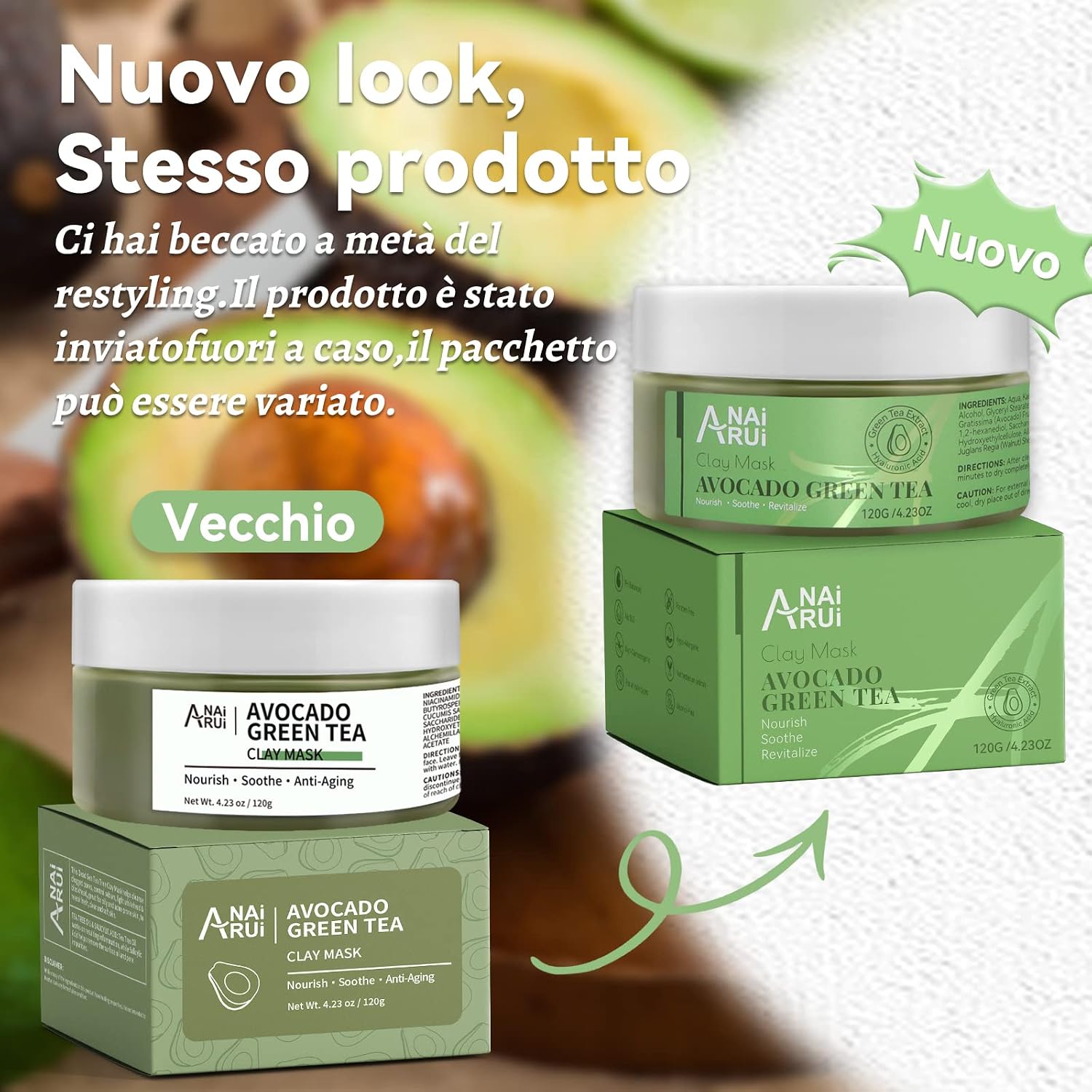 Detalle 2 de ANAiRUi Maschera di fango con Avocado e tè verde – Maschera viso idratante e purificante 120g