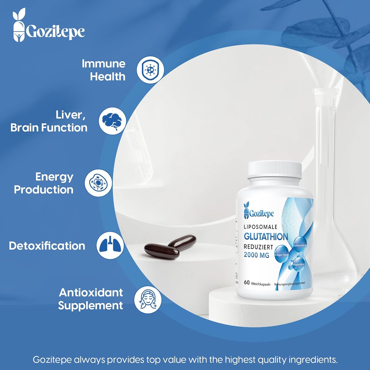 Thumbnail 3 de Liposomales Glutathion reduziert 2000 mg pro Portion – Glutathion Ergänzung mit Hyaluronsäure, Kollagenpeptid & Resveratrol