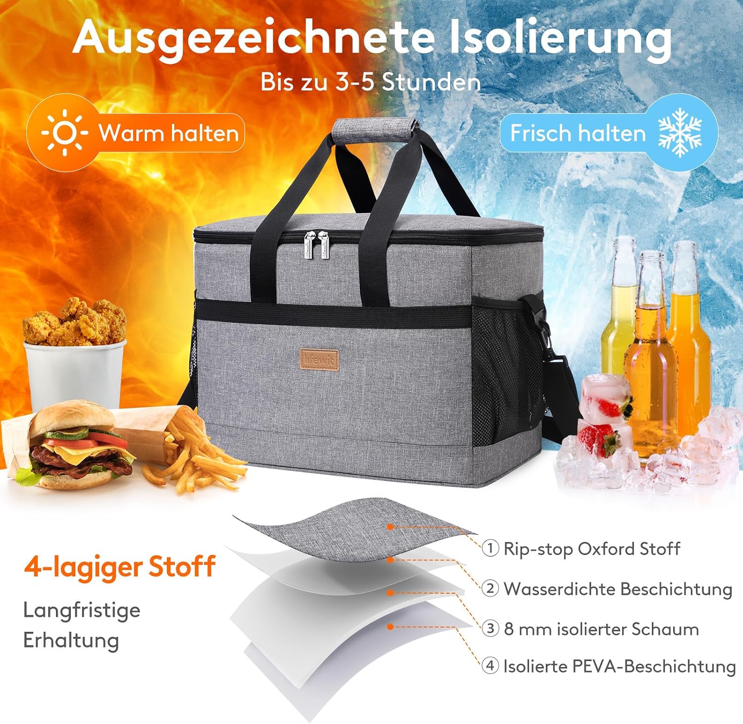 Detalle de Lifewit 30L Kühltasche Groß faltbar – Lebensmitteltransport & Picknicktasche Grau