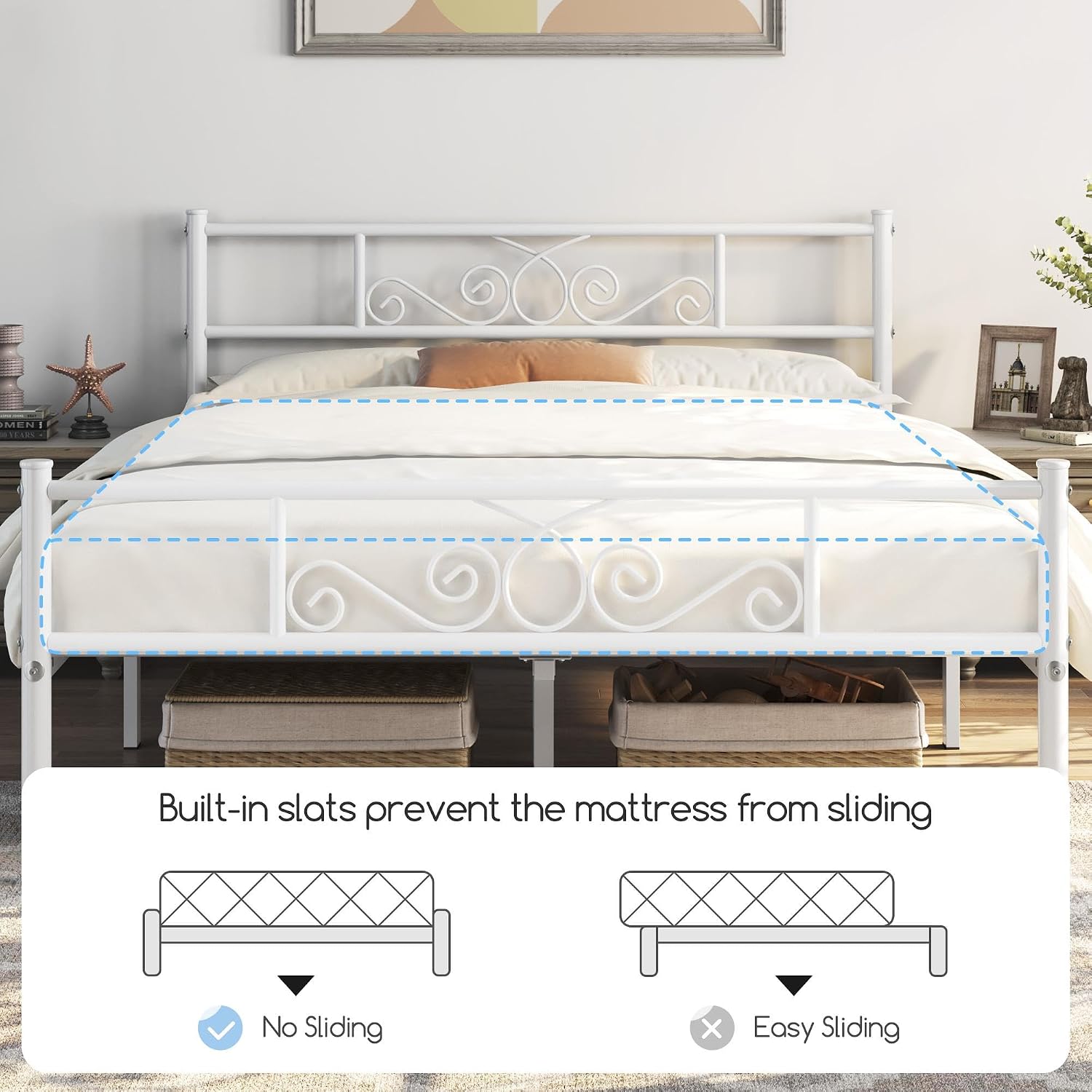 Thumbnail 6 de Yaheetech YT-00110348-V01 Queen Metal Bed Frame, White Scrollwork