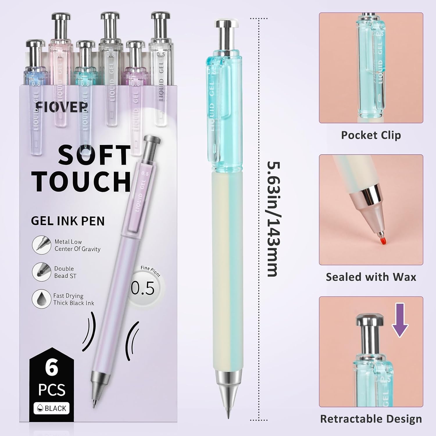 Detalle 2 de FIOVER guijiao006 12-Pack 0.5mm Black Retractable Gel Pens with Soft Grip