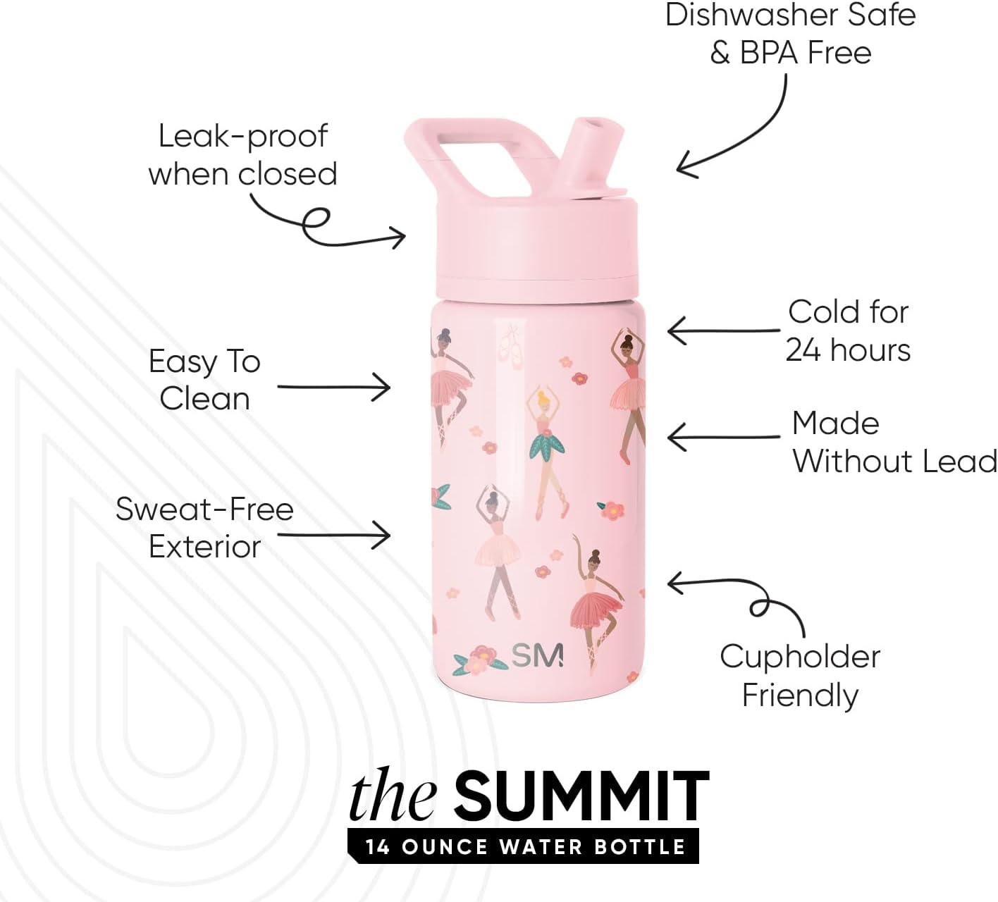 Detalle de Simple Modern Borraccia Summit 415ml con Cannuccia per Bambini – Pink Ballerina, Doppia Parete, Inossidabile