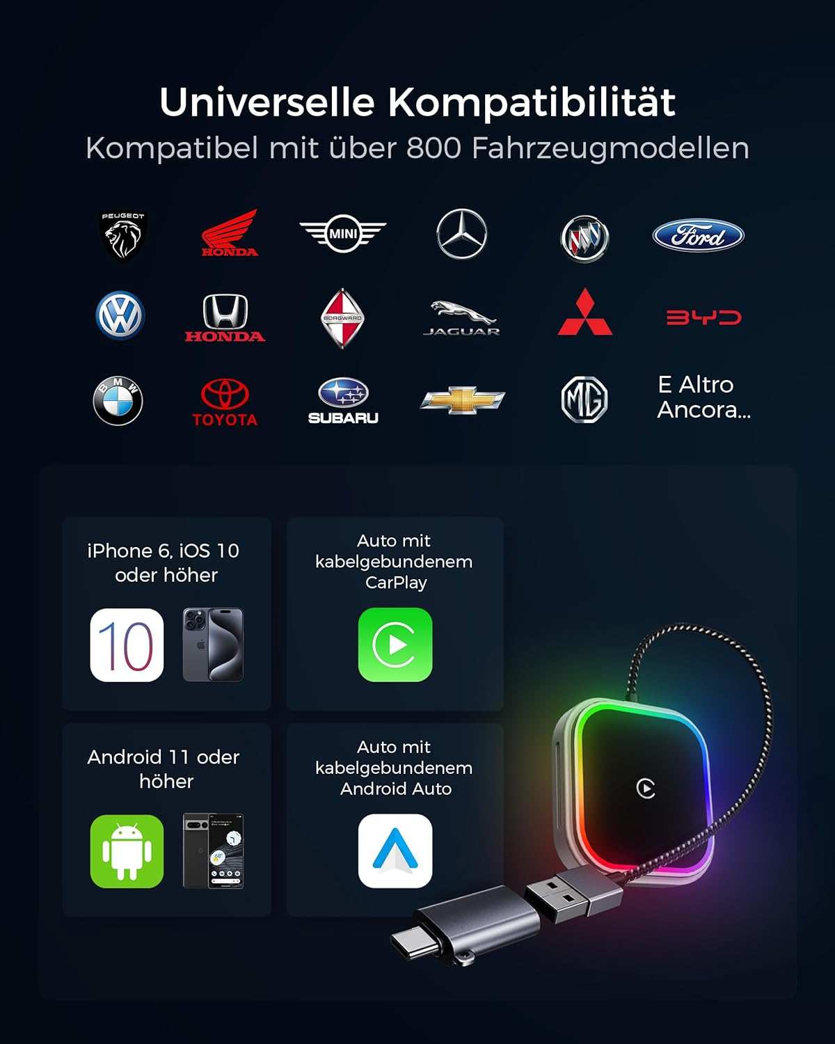 Thumbnail 5 de WityEye Wireless CarPlay & Android Auto Adapter 2-in-1 (Kabellos über CarPlay/Android Auto), mit RGB-Umgebungslicht und 5,8-GHz-WLAN