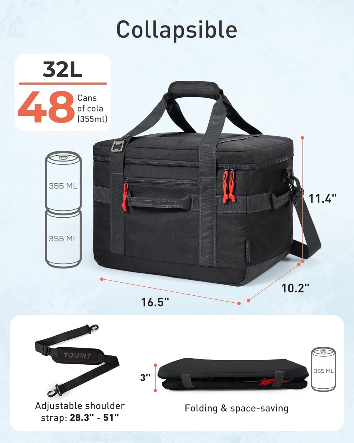 Detalle 2 de TOURIT Soft Sided Cooler Bag (48/60 Cans) — Large Collapsible, Leakproof Insulated Ice Chest for Picnic, Beach, Camping