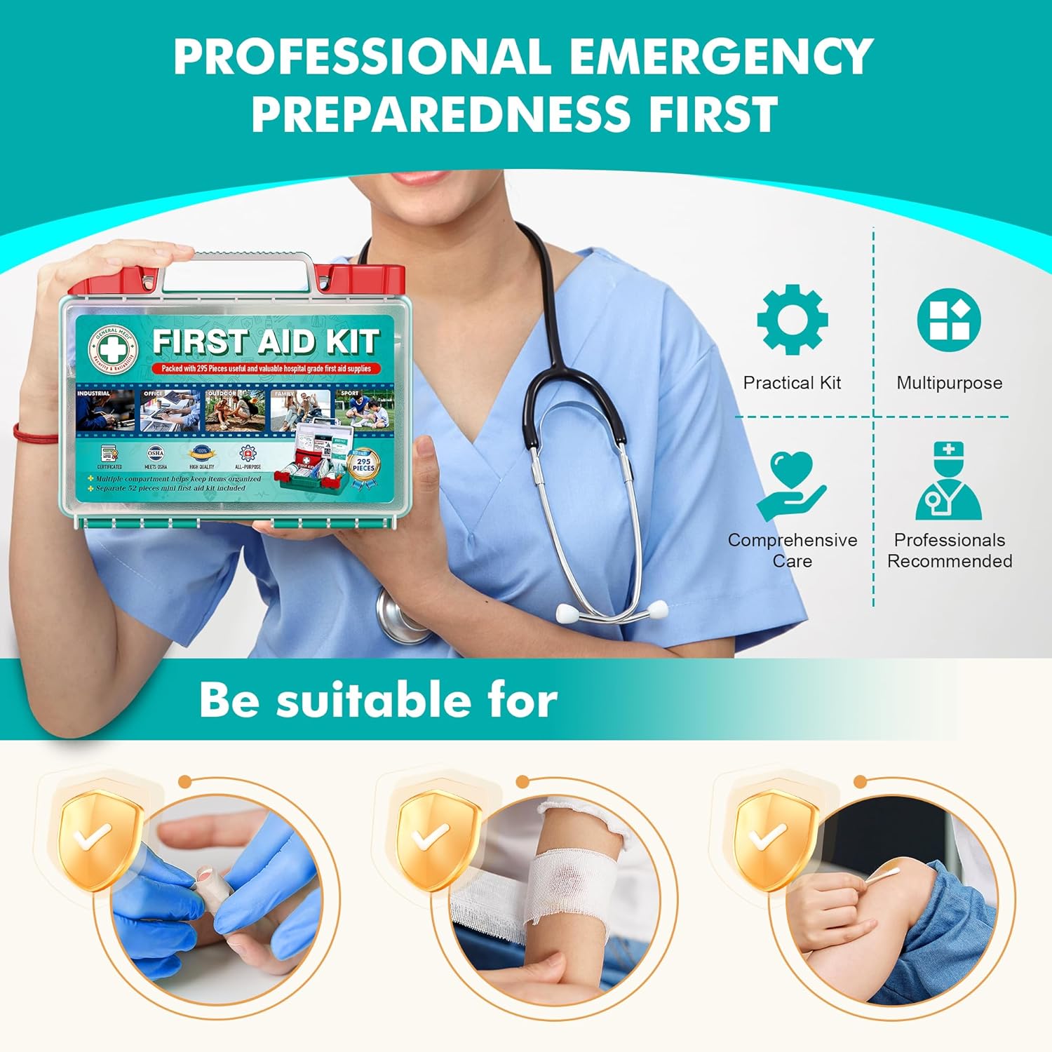 Thumbnail 4 de General Medi 295 Pieces Professional First Aid Kit – HardCase with Hospital-Grade Supplies for Travel, Home, Office, Vehicle, and Outdoor Use