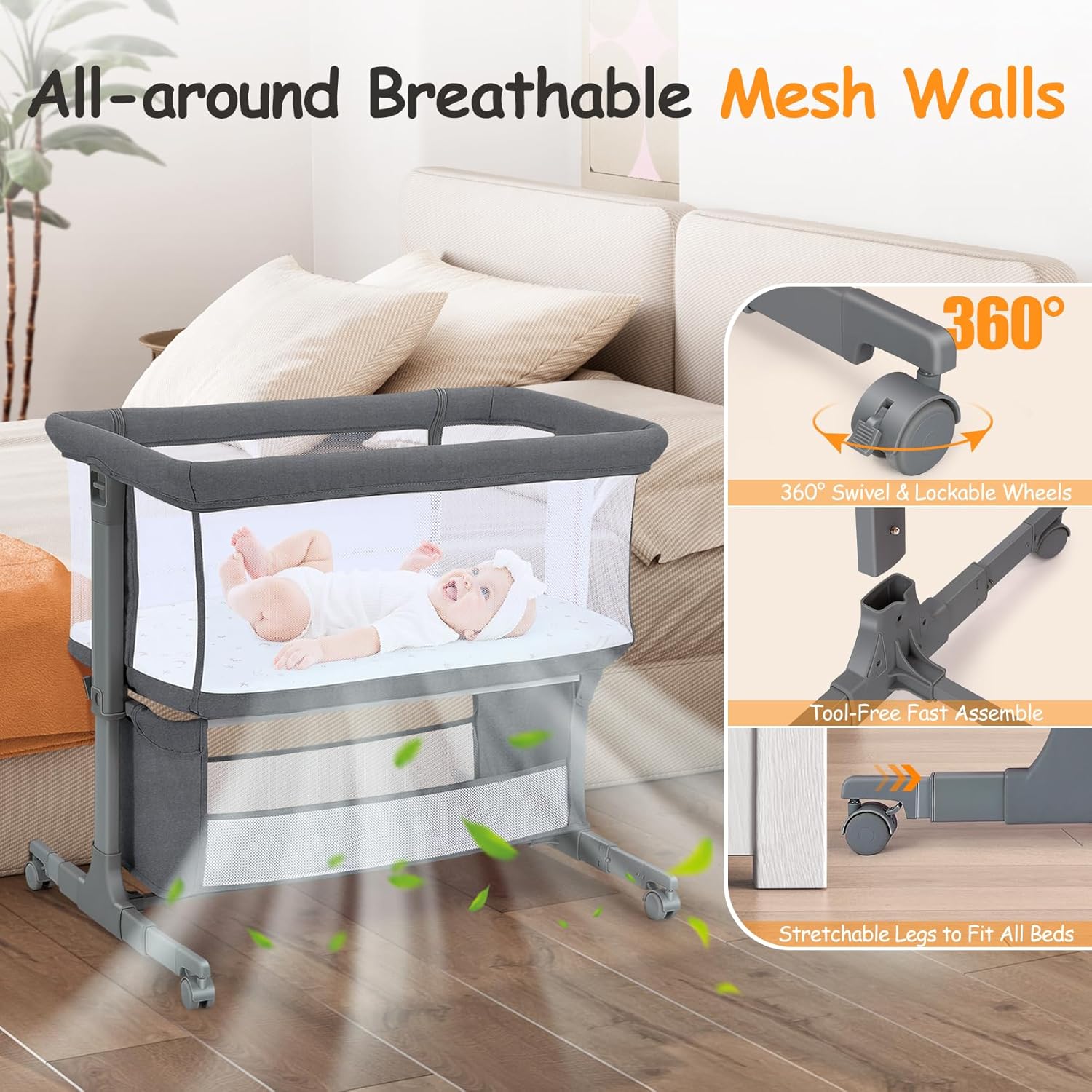 Detalle de Growaystory Beistellbett mit Co-Sleeper-Funktion (Bassinet) – bettseitiger Baby-Nachttisch mit Rädern, Stauraum und 7-fach Höhenverstellung