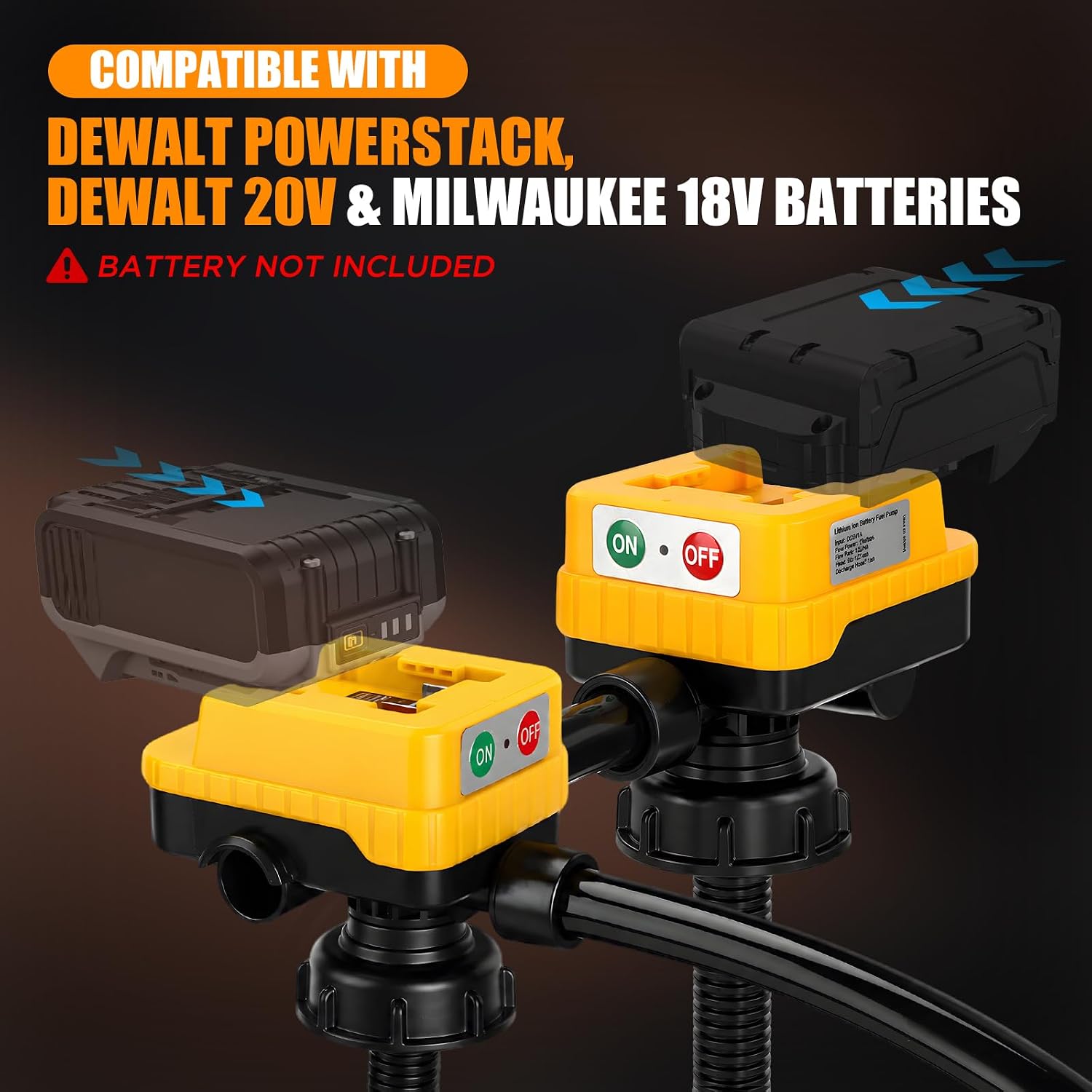 Detalle de DEMAKIMI 4.5 GPM Cordless Fuel Transfer Pump with 51" PVC Hose, 4 Adapters, Auto-Stop & Battery Compatibility (Bare Tool)