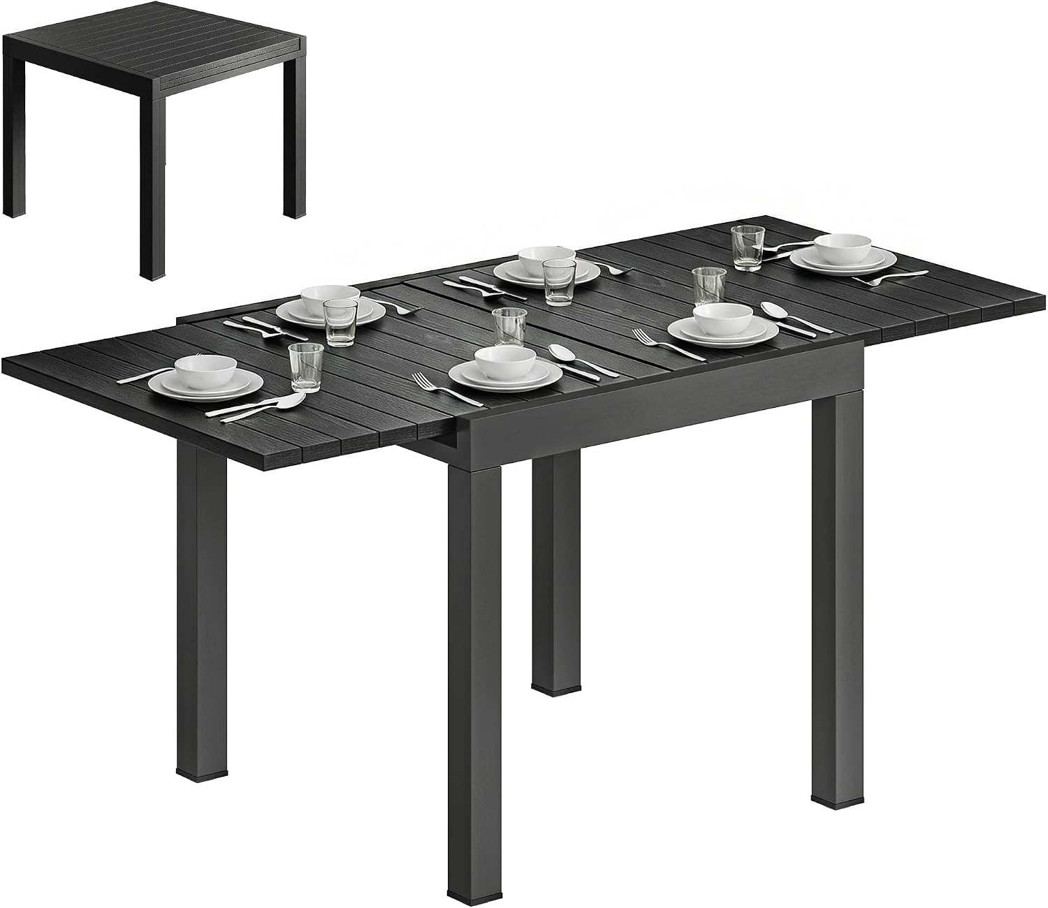 Detalle de Outsunny 84K-001V00BK uitschuifbare tuintafel in aluminium met houtlook