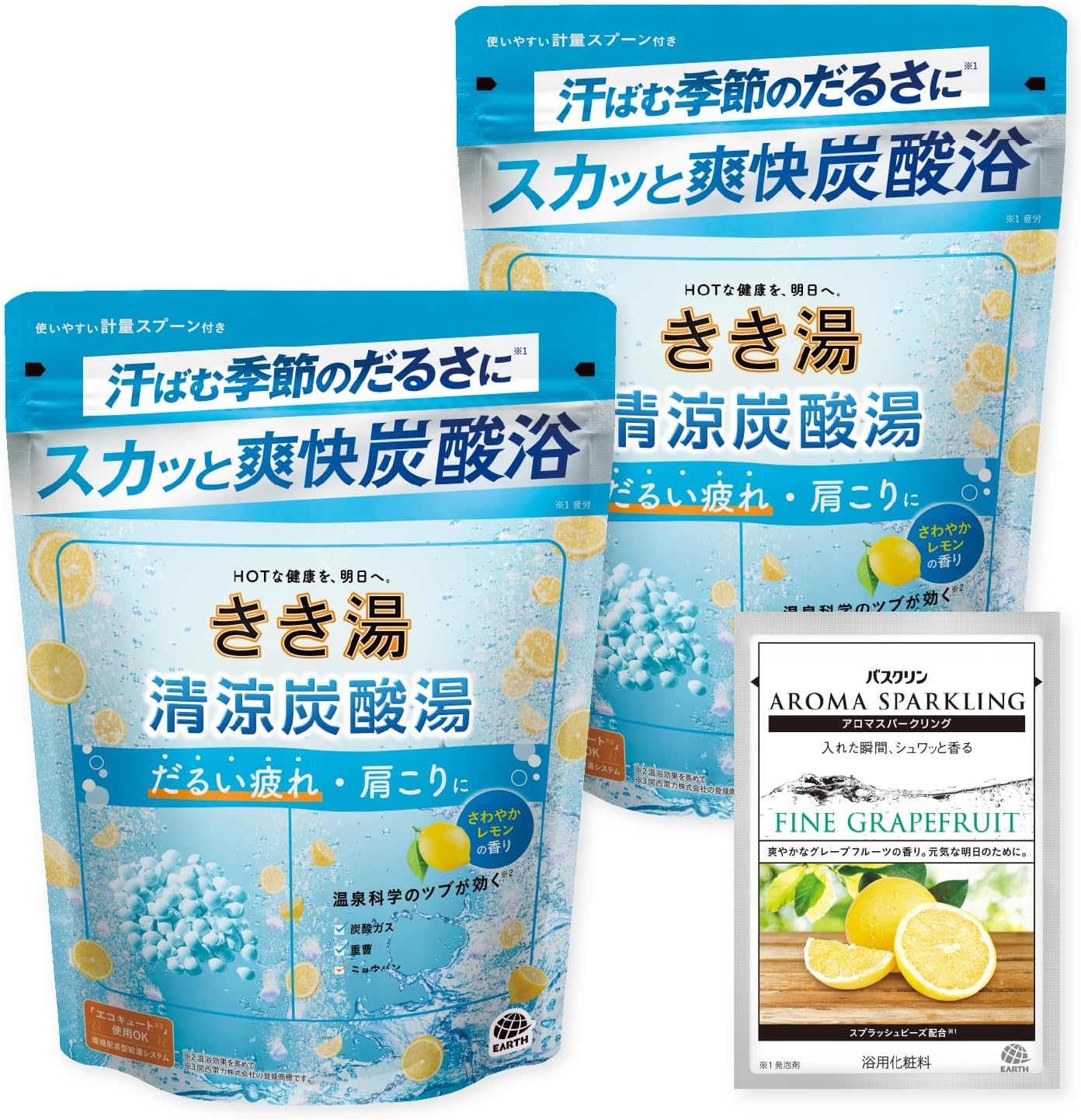 Detalle de きき湯 清涼炭酸湯 入浴剤 さわやかレモンの香り・クリアブルーの湯 360g×2個