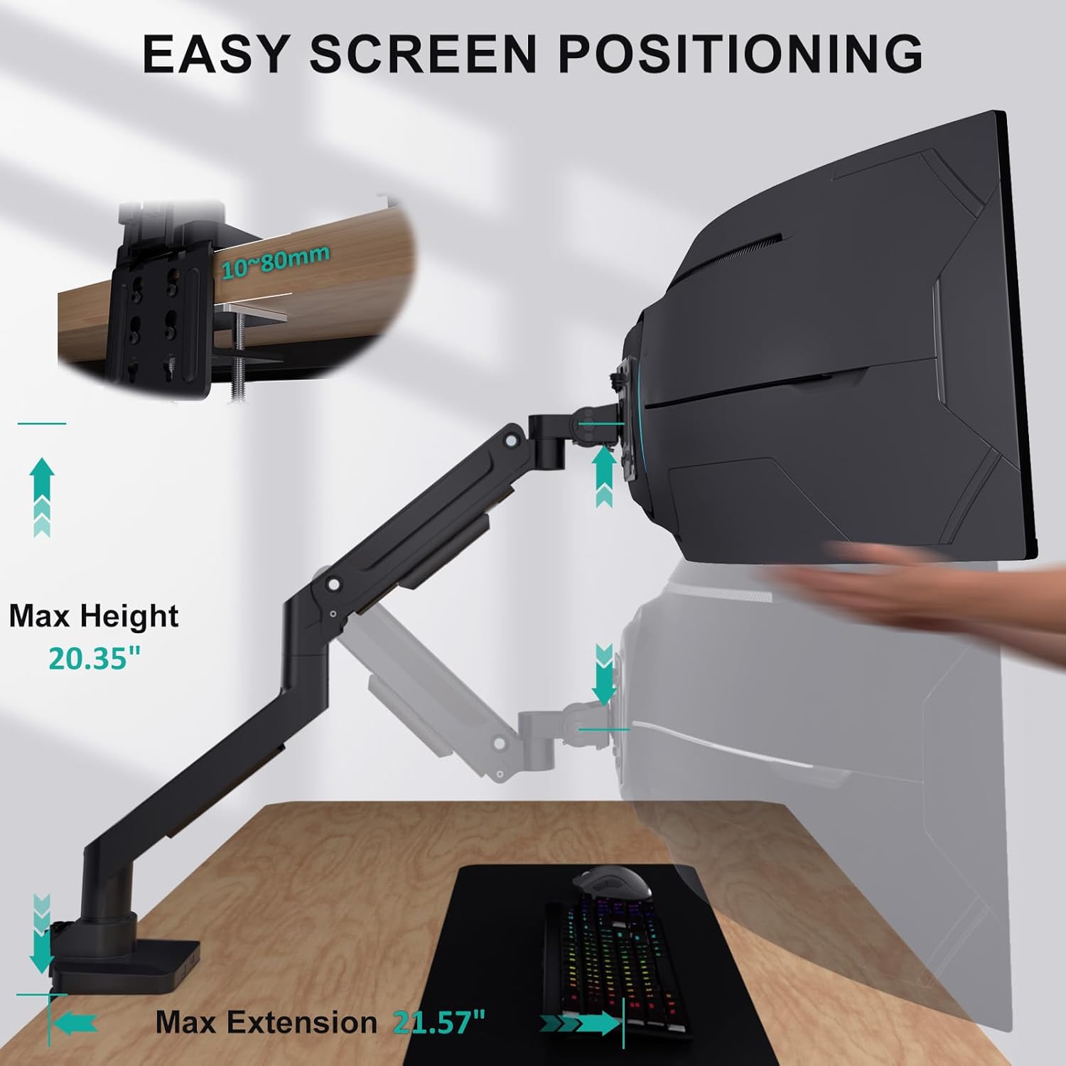 Detalle de WALI GSM001XL Ultrawide Monitor Arm (13–49 Inch) – Heavy-Duty Single Monitor Desk Mount