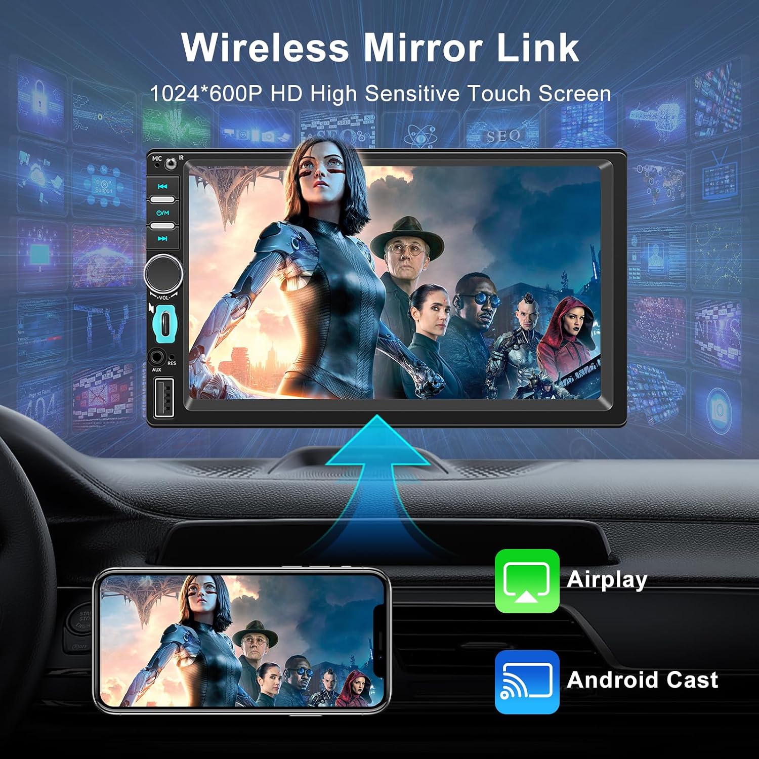 Thumbnail 2 de Autoradio 1 DIN con Schermo 7” e CarPlay/Android Auto Wireless, 4G Bluetooth, Telecamera Posteriore e Mirror Link