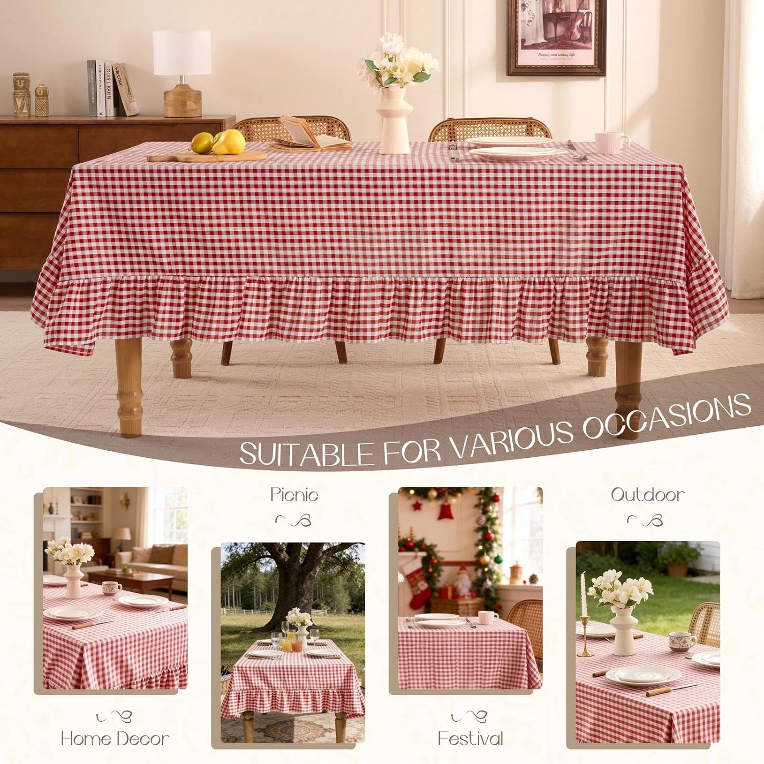 Detalle de Romanstile Gingham Ruffled Tablecloth Rectangle - Waterproof Linen Cotton Checkered Table Cloth, 60 x 84 Inches, Red