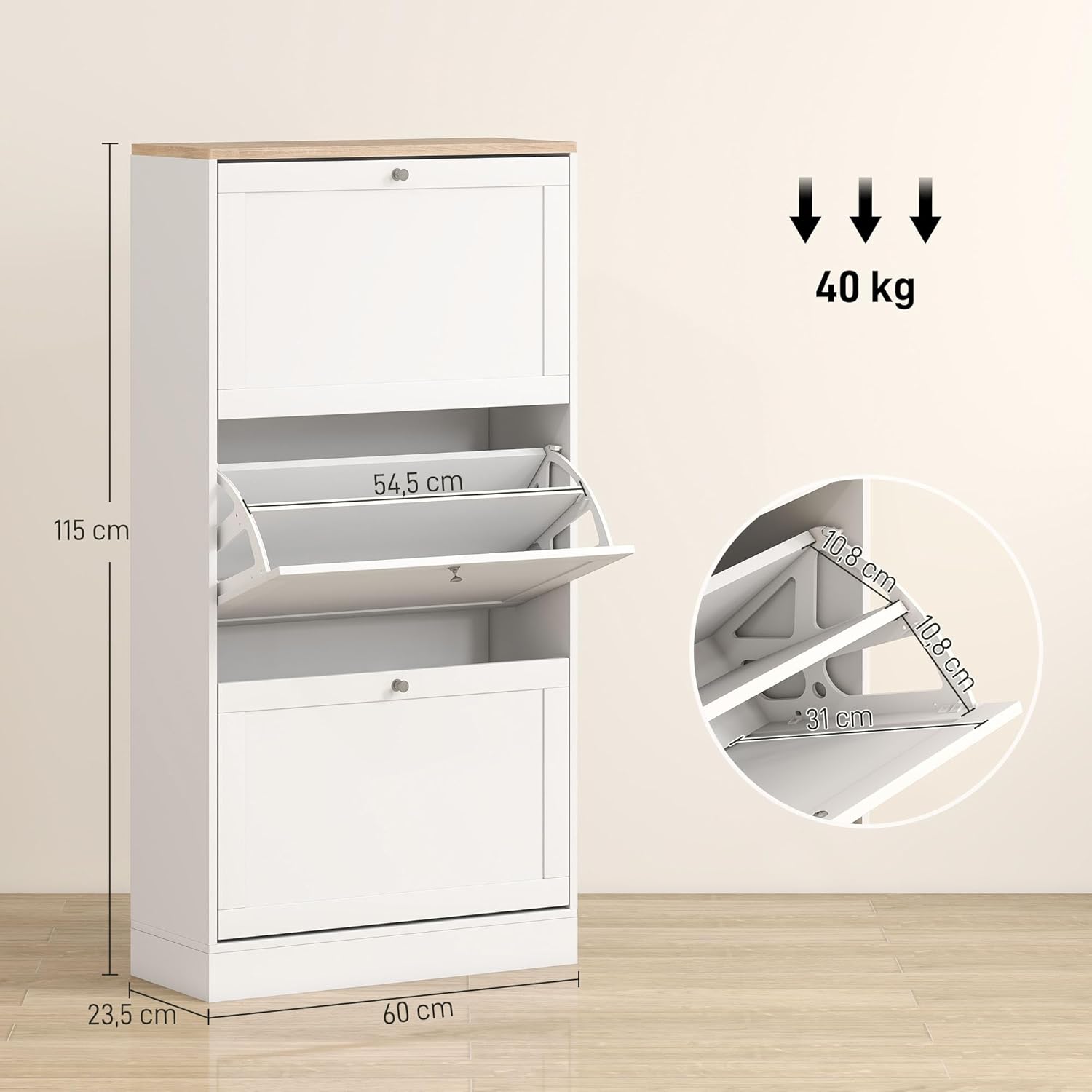 Thumbnail 2 de HOMCOM Meuble à Chaussures 18 Paires – Armoire étroite, 3 tiroirs rabattables et étagères réglables, 60 × 23,5 × 115 cm, Blanc