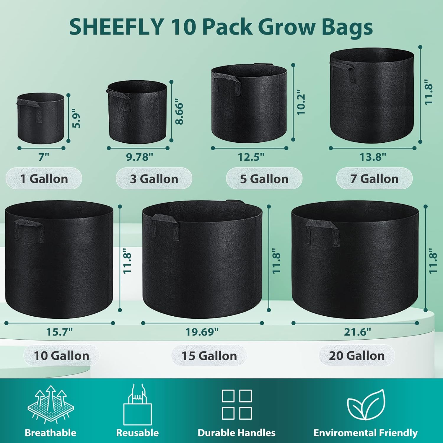 Thumbnail 1 de SHEEFLY 10 Pack 7 Gallon Grow Bags (300GSM) with Reinforced Handles and Plant Labels