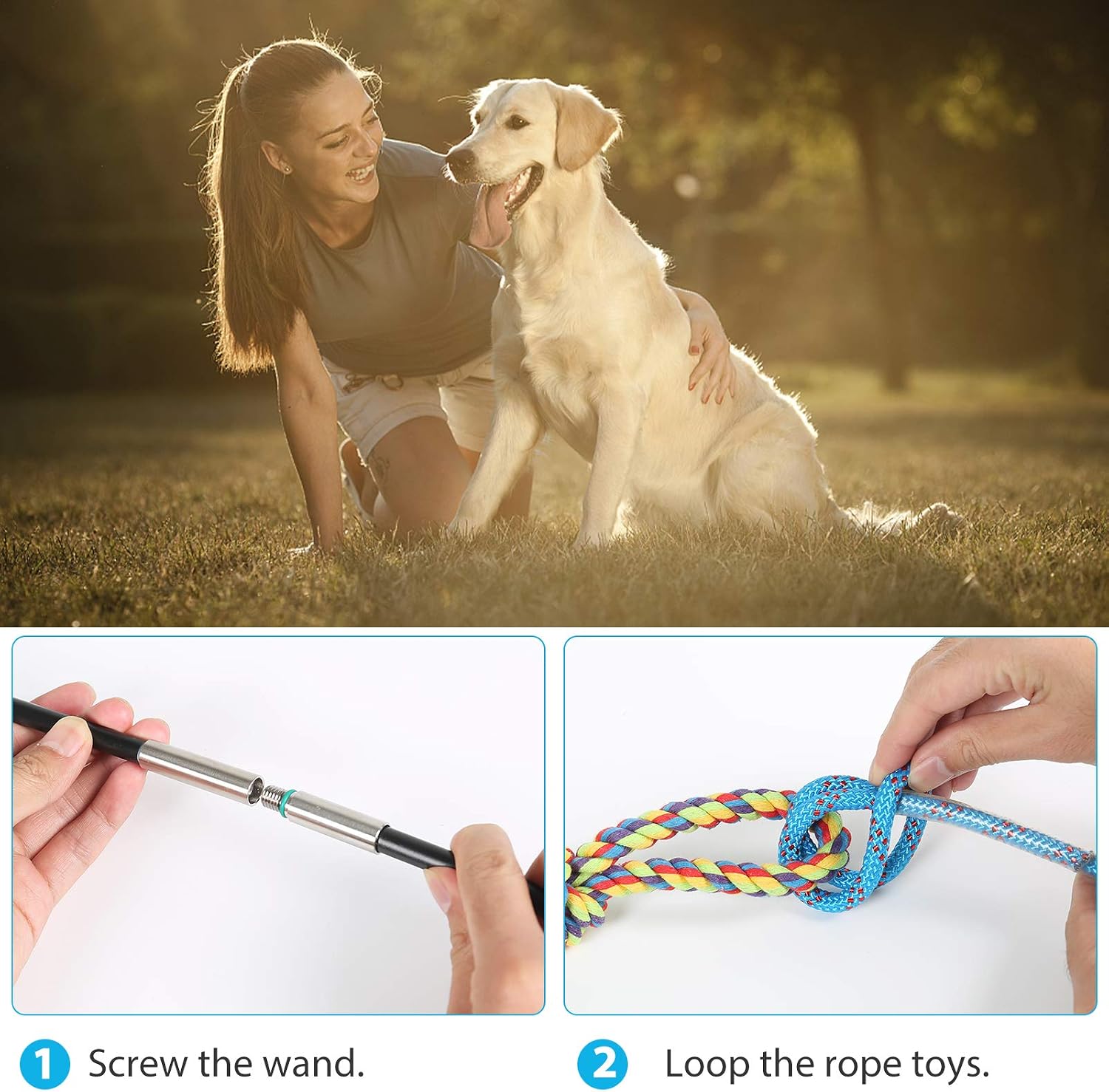 Detalle 2 de DIBBATU 002 Flirt Pole for Dogs with Stainless Steel Pole and Rope Toys
