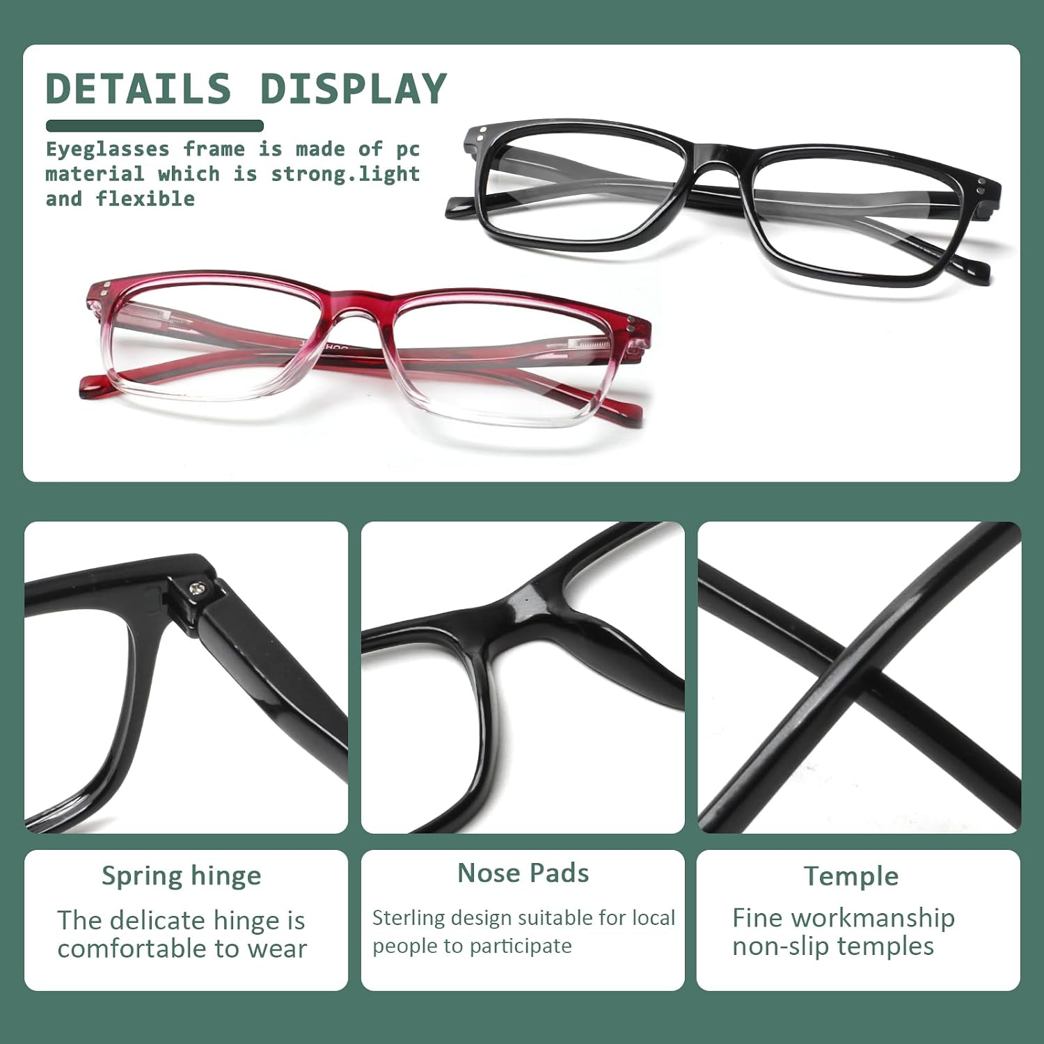 Detalle de JOSCHOO 5-Pack Reading Glasses with Spring Hinges and Rectangular Frames