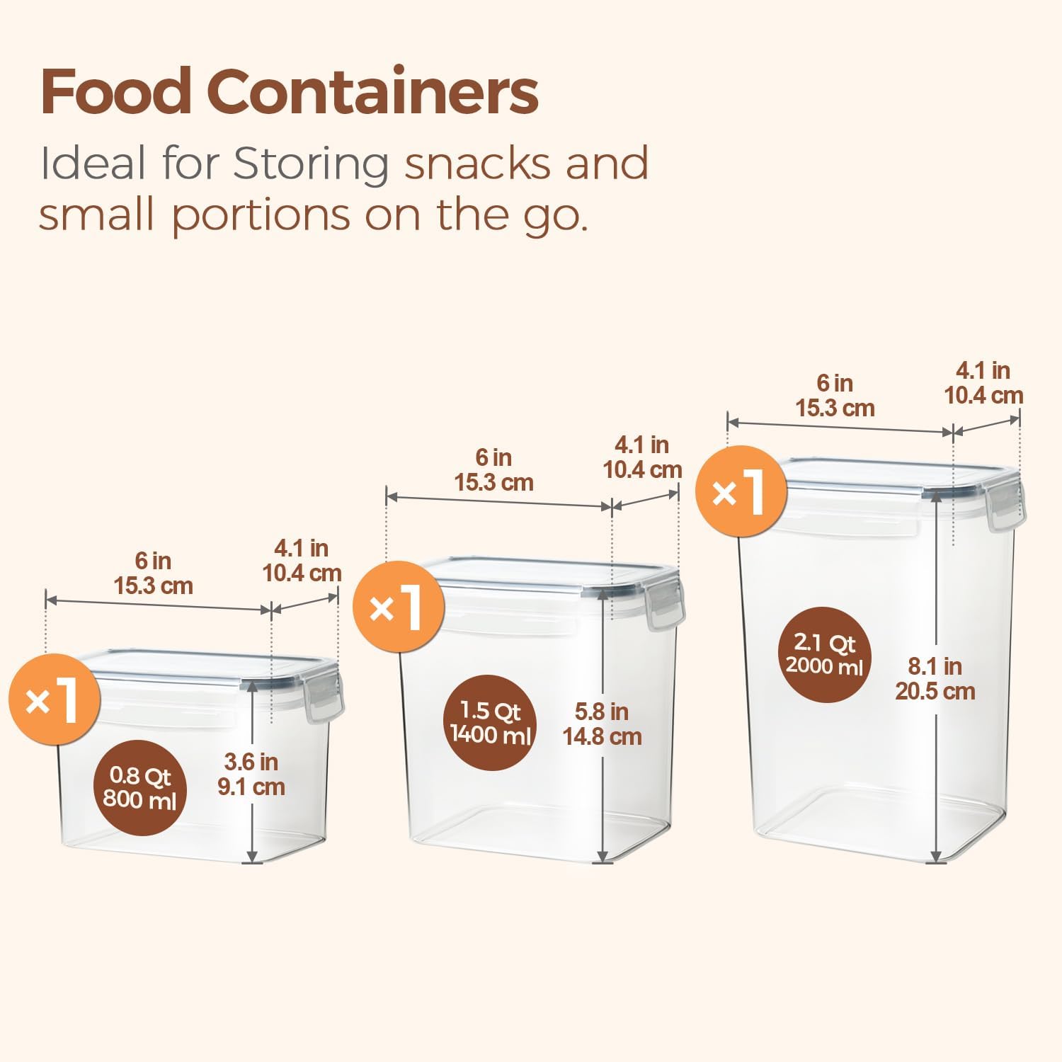 Detalle 2 de ComSaf Airtight Food Storage Containers, 3 Pack, 0.8–2 L, Stackable
