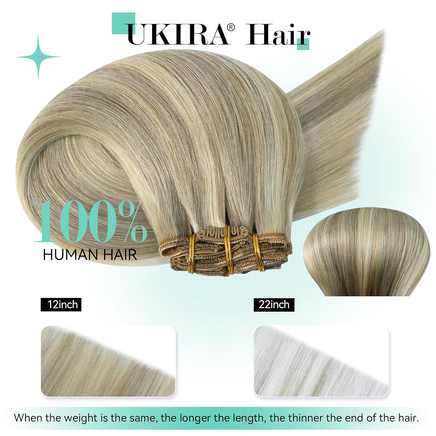 Thumbnail 2 de Ukira Ash Blonde Hair Extensions Real Human Hair, 22 Inch Clip-In 7-Pc Set